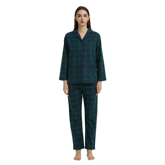 GLOBAL 100% Cotton Comfy Flannel Pajamas for Women 2-Piece Warm and Cozy Pj Set of Loungewear Button Front Top Pants