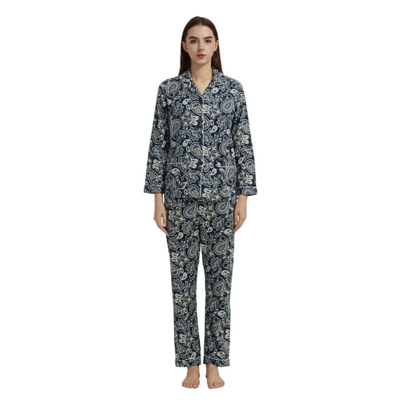 GLOBAL 100% Cotton Comfy Flannel Pajamas for Women 2-Piece Warm and Cozy Pj Set of Loungewear Button Front Top Pants