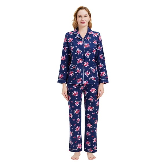 GLOBAL 100% Cotton Comfy Flannel Pajamas for Women 2-Piece Warm and Cozy Pj Set of Loungewear Button Front Top Pants