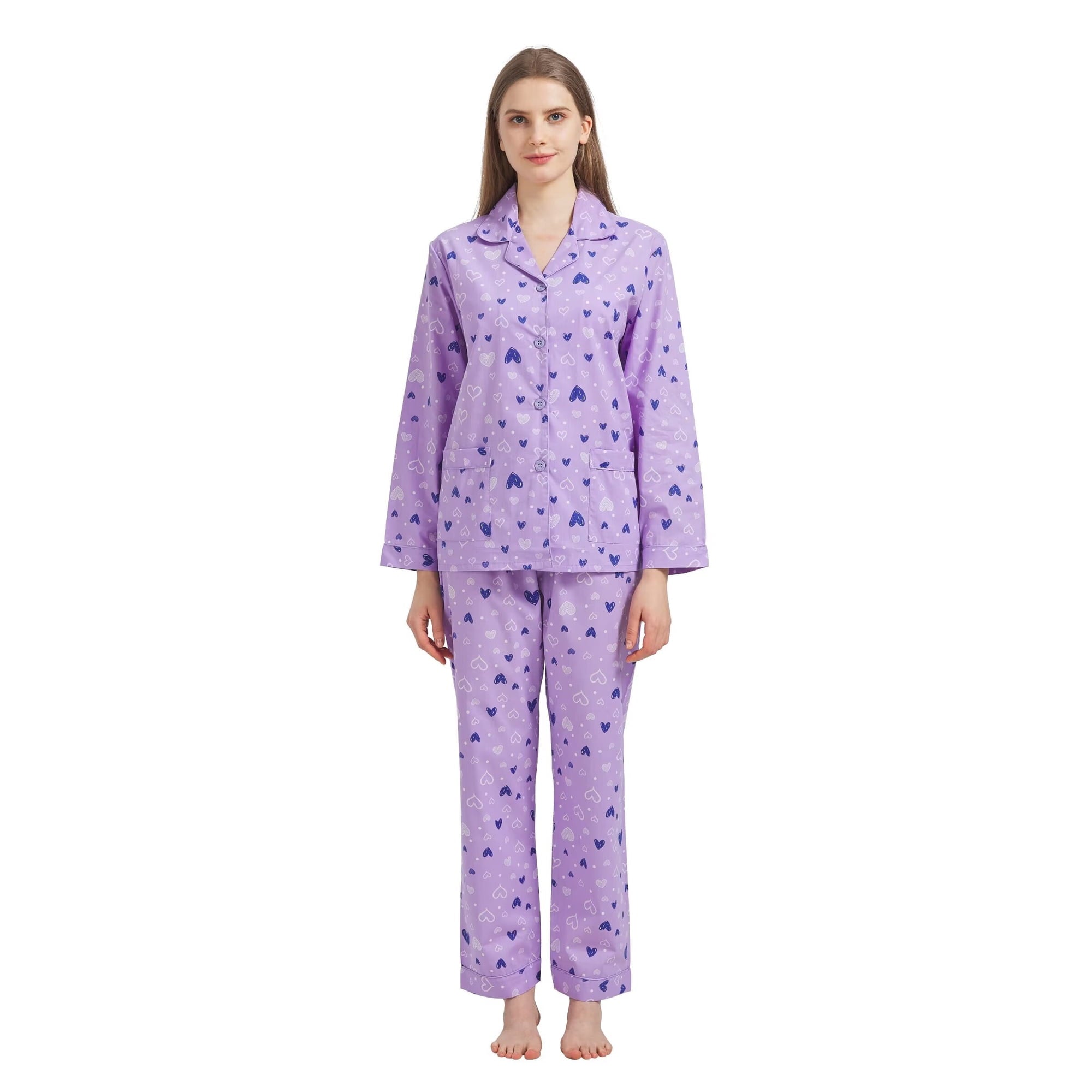 GLOBAL Womens 100% Cotton Notch Collar Pajama Set Homewear with Pockets, Spring & Summer, 2-Piece, Sizes S to 3X