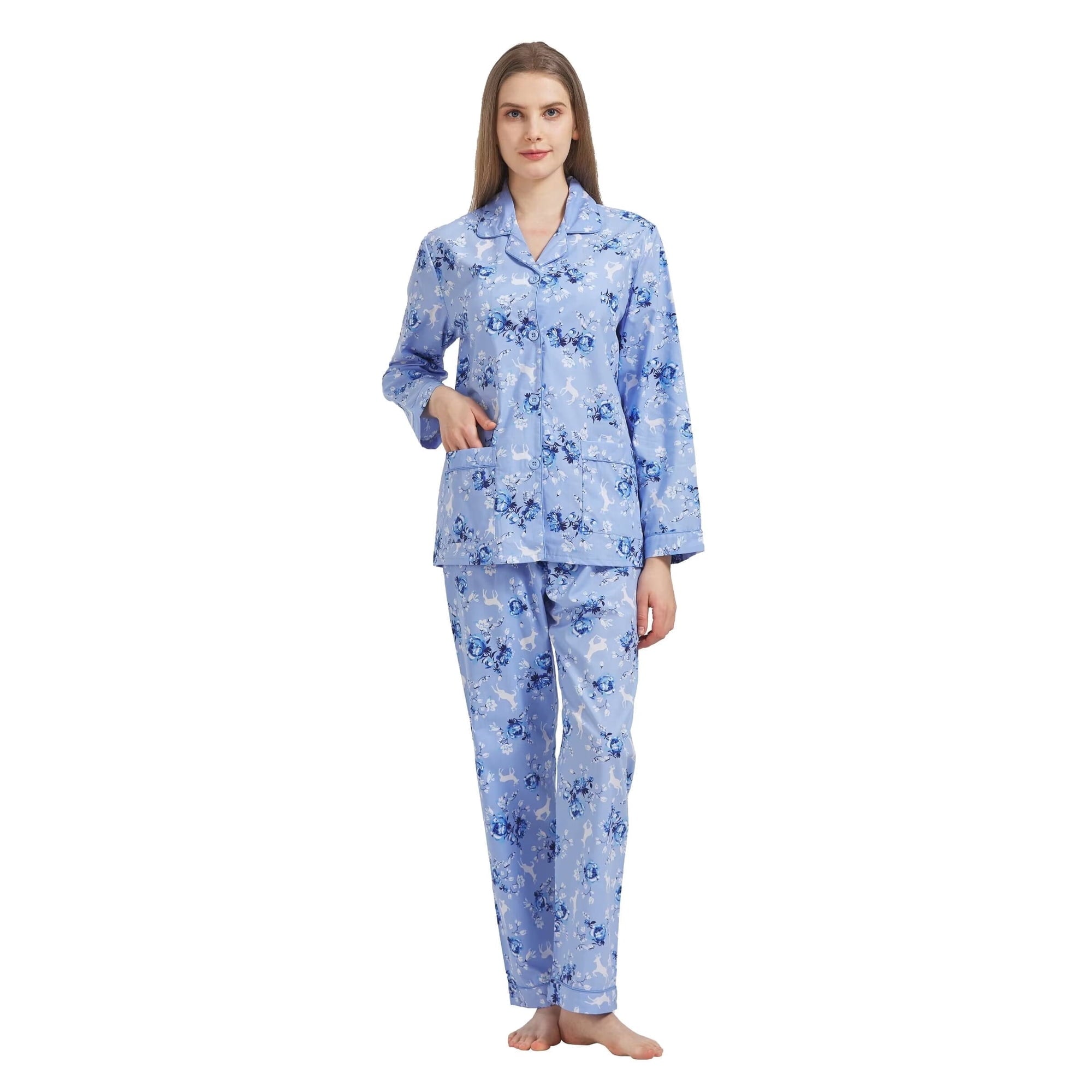 GLOBAL 100% Cotton Pajamas for Women Notch Collar Pjs Cozy Button Down Homewear with Pockets, Spring & Summer, 2-Piece, Sizes S to 3X