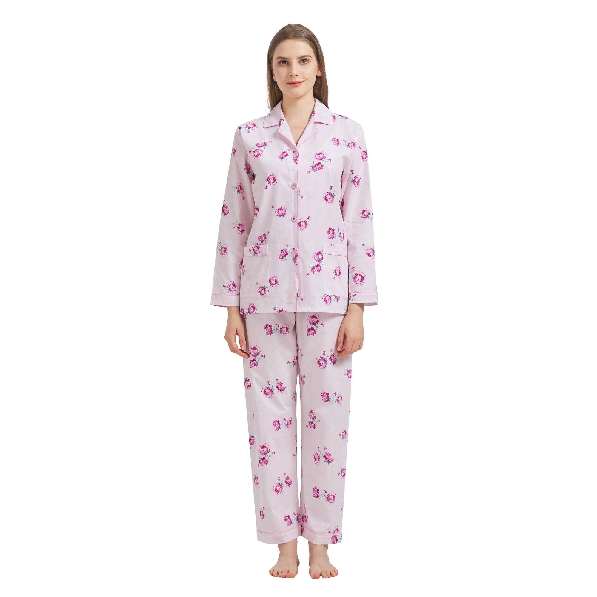 GLOBAL 100% Cotton Pajamas for Women Notch Collar Pjs Cozy Button Down Homewear with Pockets, Spring & Summer, 2-Piece, Sizes S to 3X