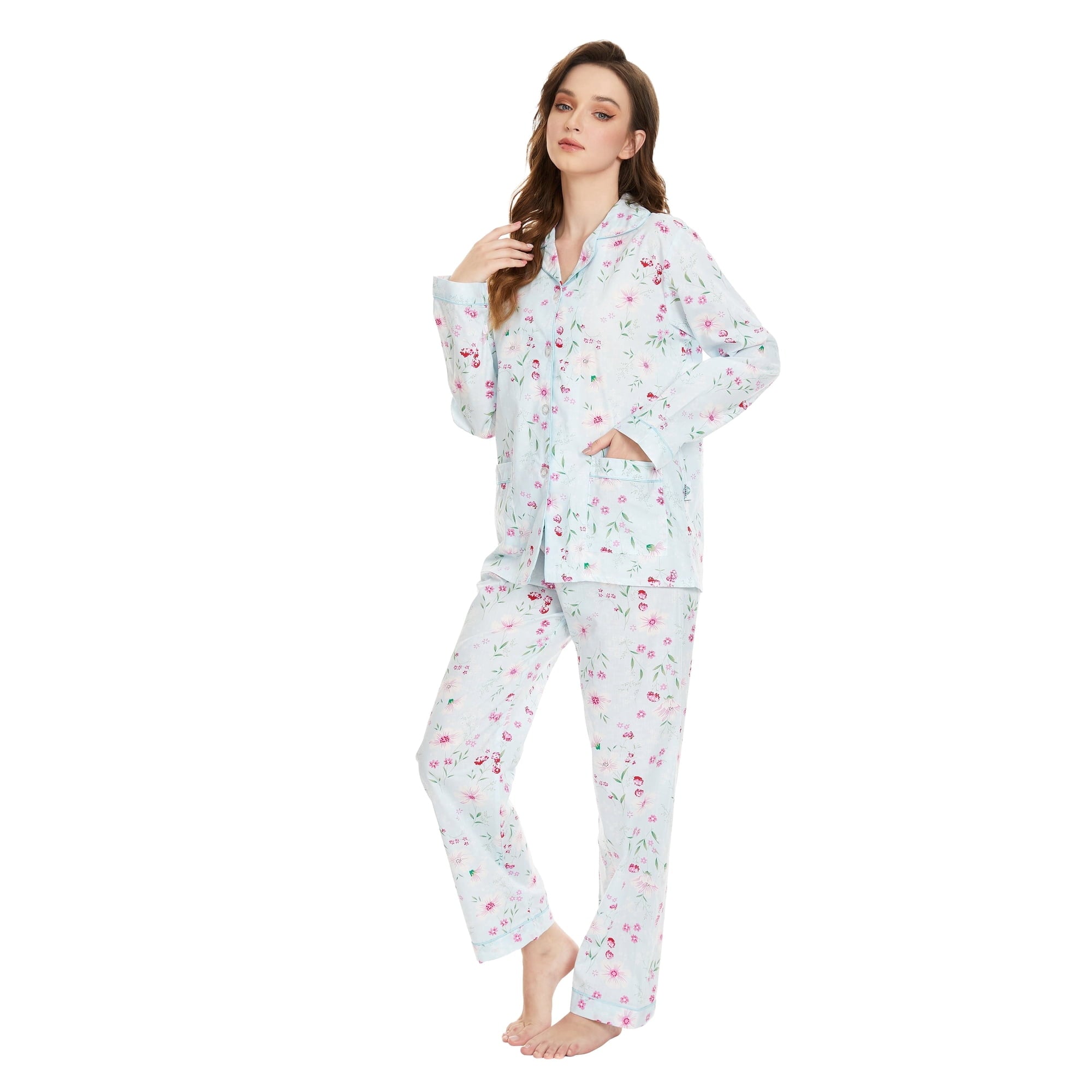 GLOBAL 100% Cotton Pajamas for Women Notch Collar Pjs Cozy Button Down Homewear with Pockets, Spring & Summer, 2-Piece, Sizes S to 3X