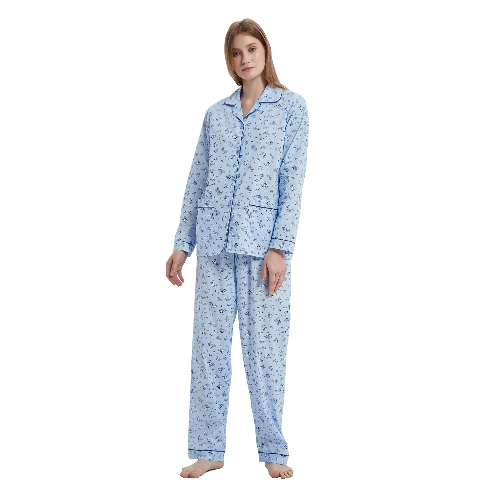 GLOBAL Womens 100% Cotton Notch Collar Pajama Set Homewear with Pockets, Spring & Summer, 2-Piece, Sizes S to 3X
