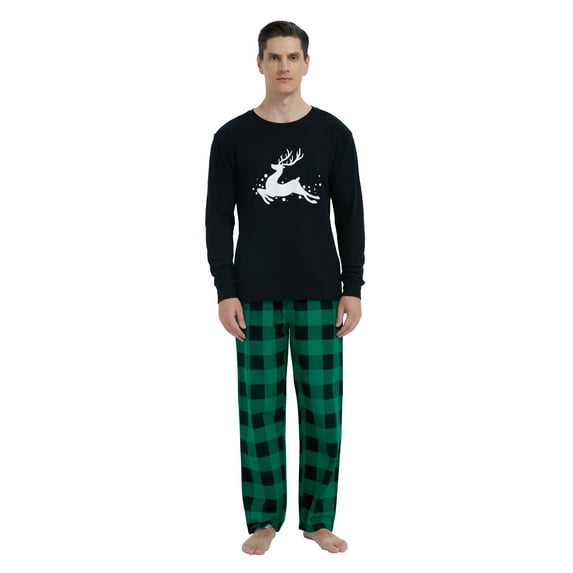 GLOBAL Men's Cotton Knit Top Flannel Pants Sleepwear Matching Pajamas for Couple Pjs for Family, Size S-3XL