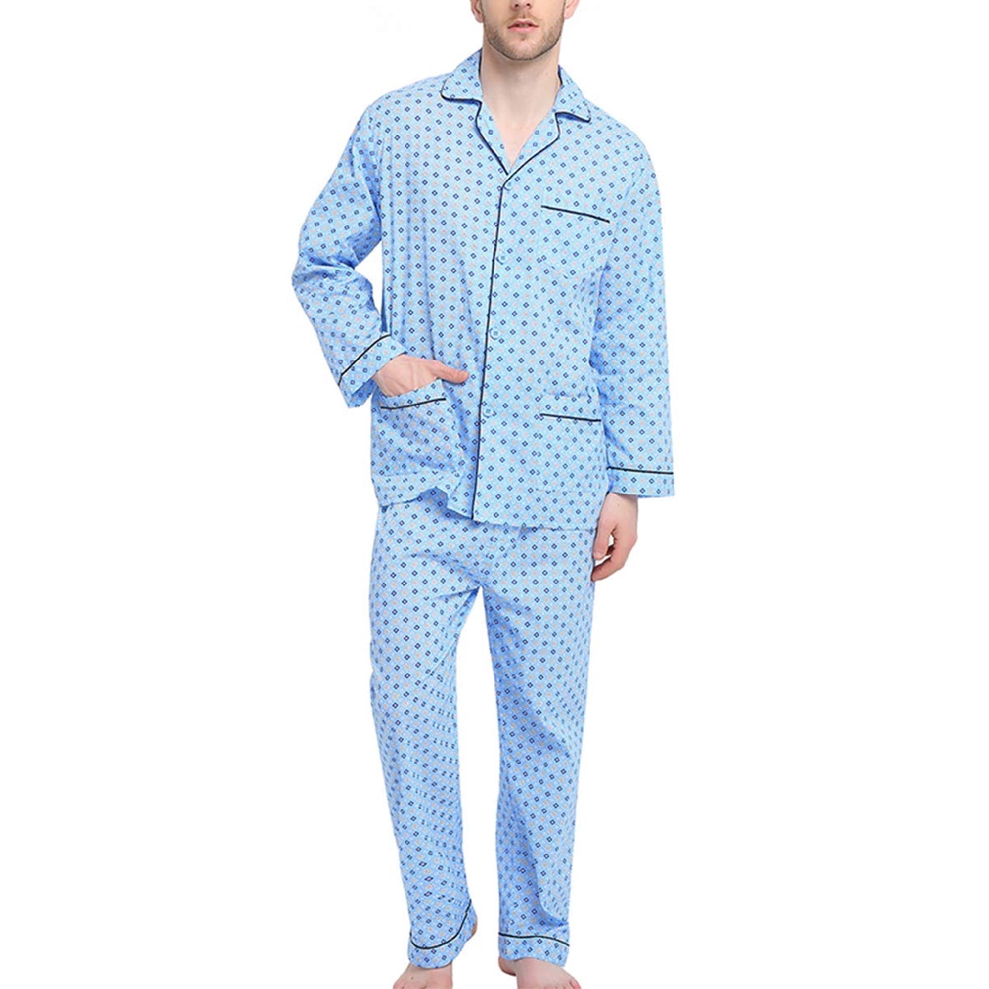 GLOBAL Mens 100% Cotton Pajamas Set Woven Drawstring Sleepwear Set with Top and Pants/Bottoms, 2-Piece Set, Size M