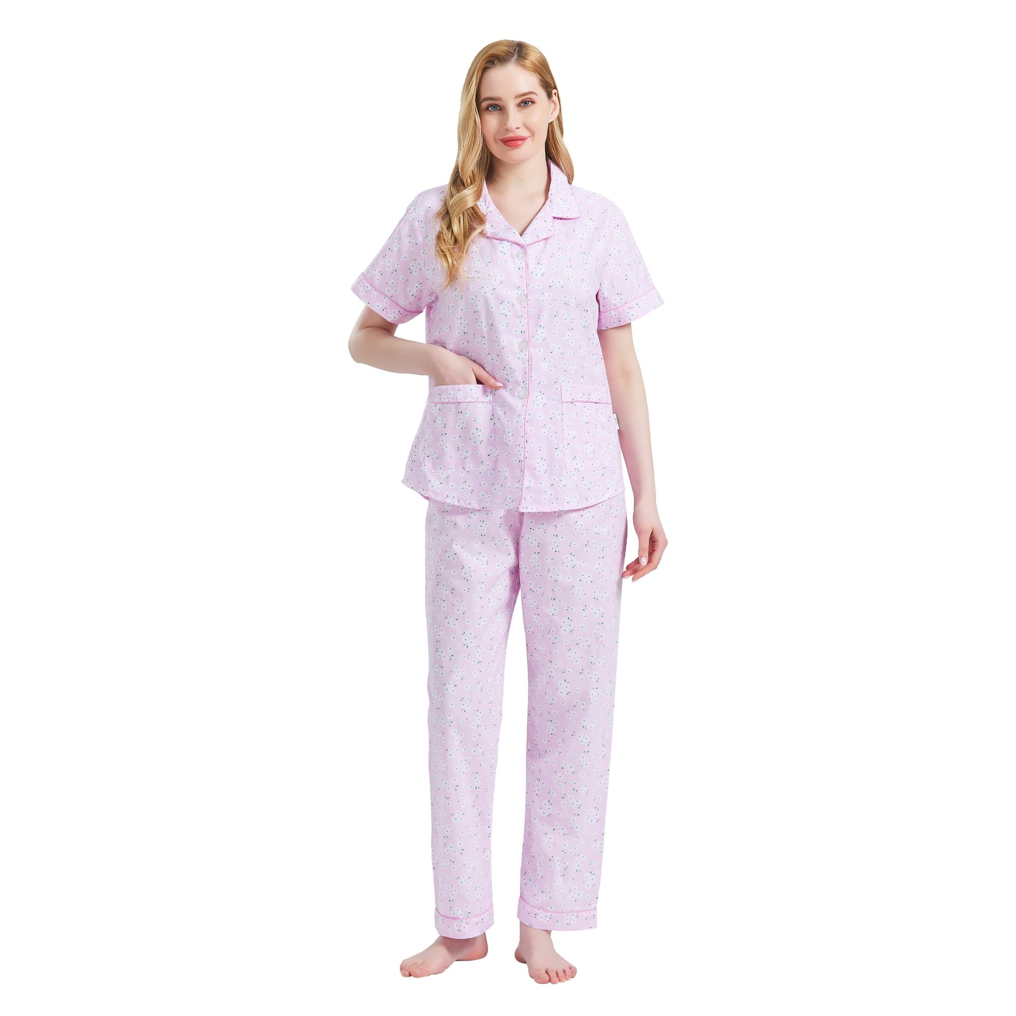 GLOBAL Women 100% Cotton Button Down Short Sleeve Top & Long Pants Summer Pajama Set with Pockets, 2-Piece, Sizes S to 3XL
