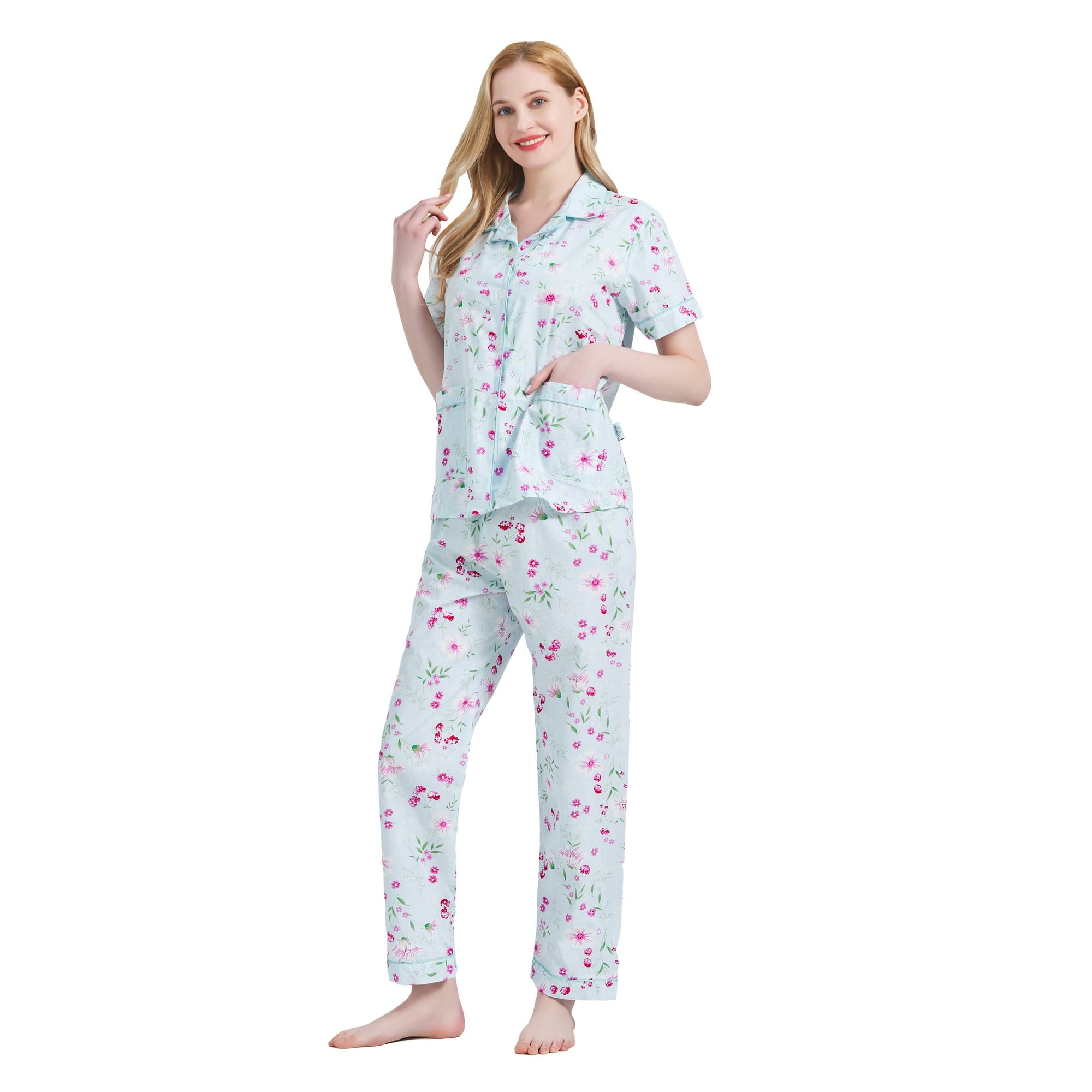 GLOBAL Women 100% Cotton Button Down Short Sleeve Top & Long Pants Summer Pajama Set with Pockets, 2-Piece, Sizes S to 3XL