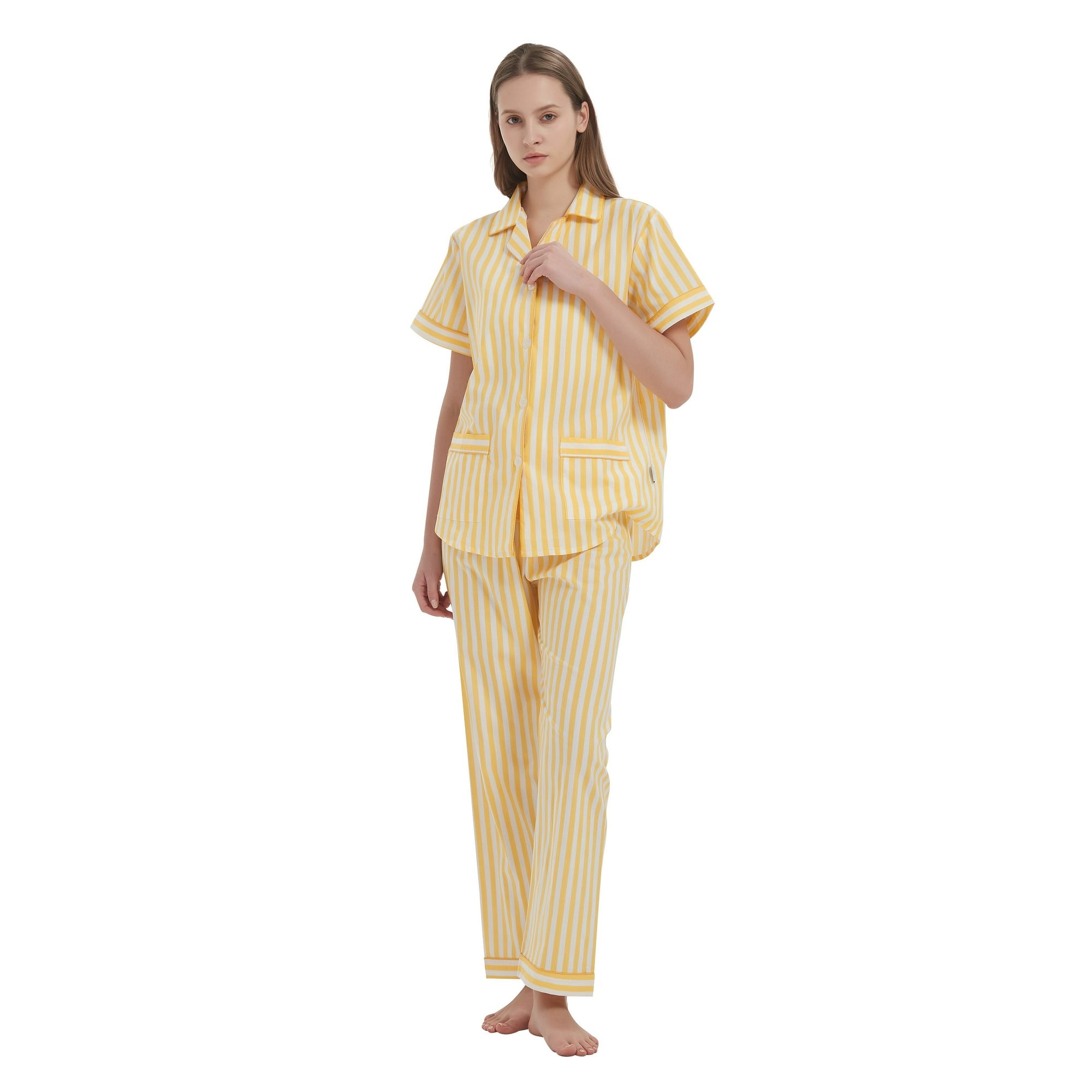 GLOBAL Women 100% Cotton Button Down Short Sleeve Top & Long Pants Summer Pajama Set with Pockets, 2-Piece, Sizes S to 3XL