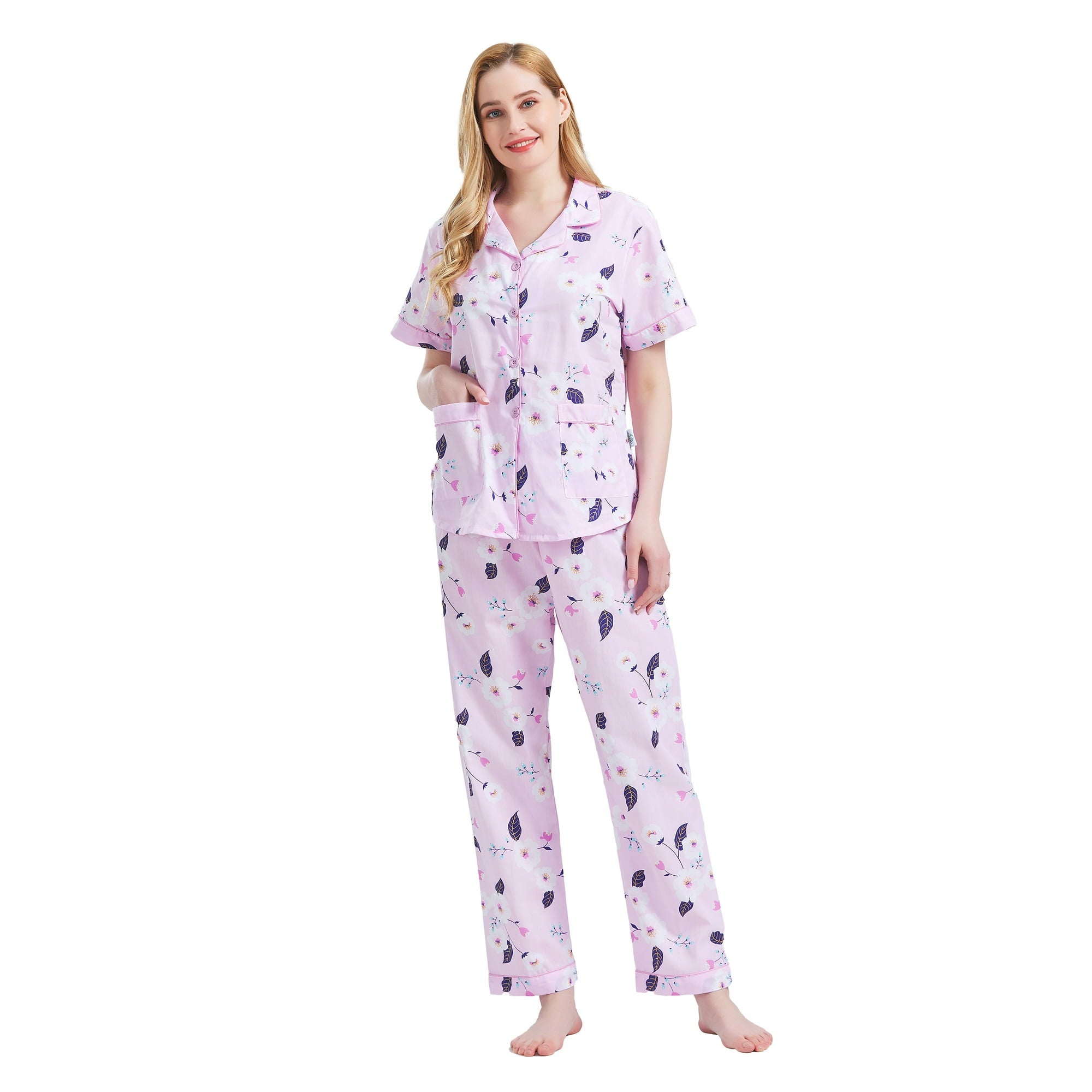 GLOBAL Women 100% Cotton Button Down Short Sleeve Top & Long Pants Summer Pajama Set with Pockets, 2-Piece, Sizes S to 3XL