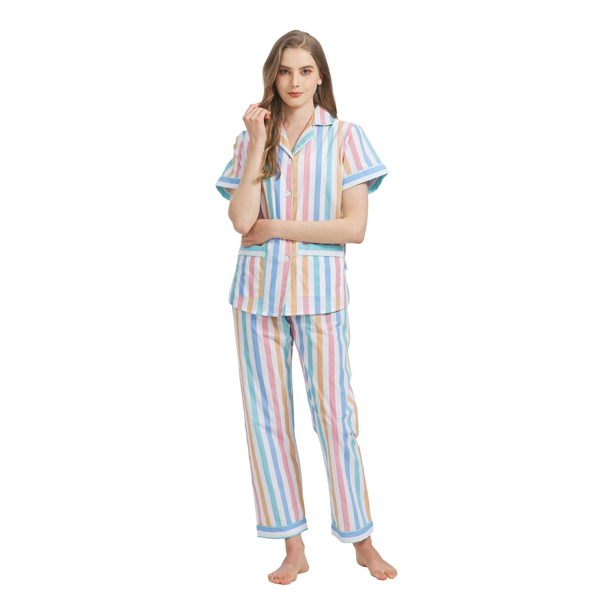 GLOBAL Women 100% Cotton Button Down Short Sleeve Top & Long Pants Summer Pajama Set with Pockets, 2-Piece, Sizes S to 3XL