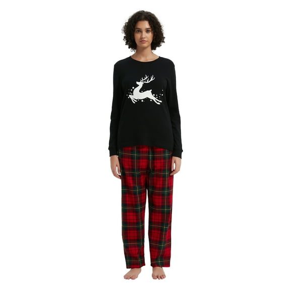 GLOBAL Women's Cotton Knit Top Flannel Pants Sleepwear Matching Pajamas for Couple Pjs for Family, Size S-3XL