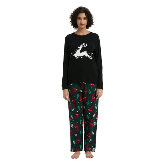 GLOBAL Women's Cotton Knit Top Flannel Pants Sleepwear Matching Pajamas for Couple Pjs for Family, Size S-3XL