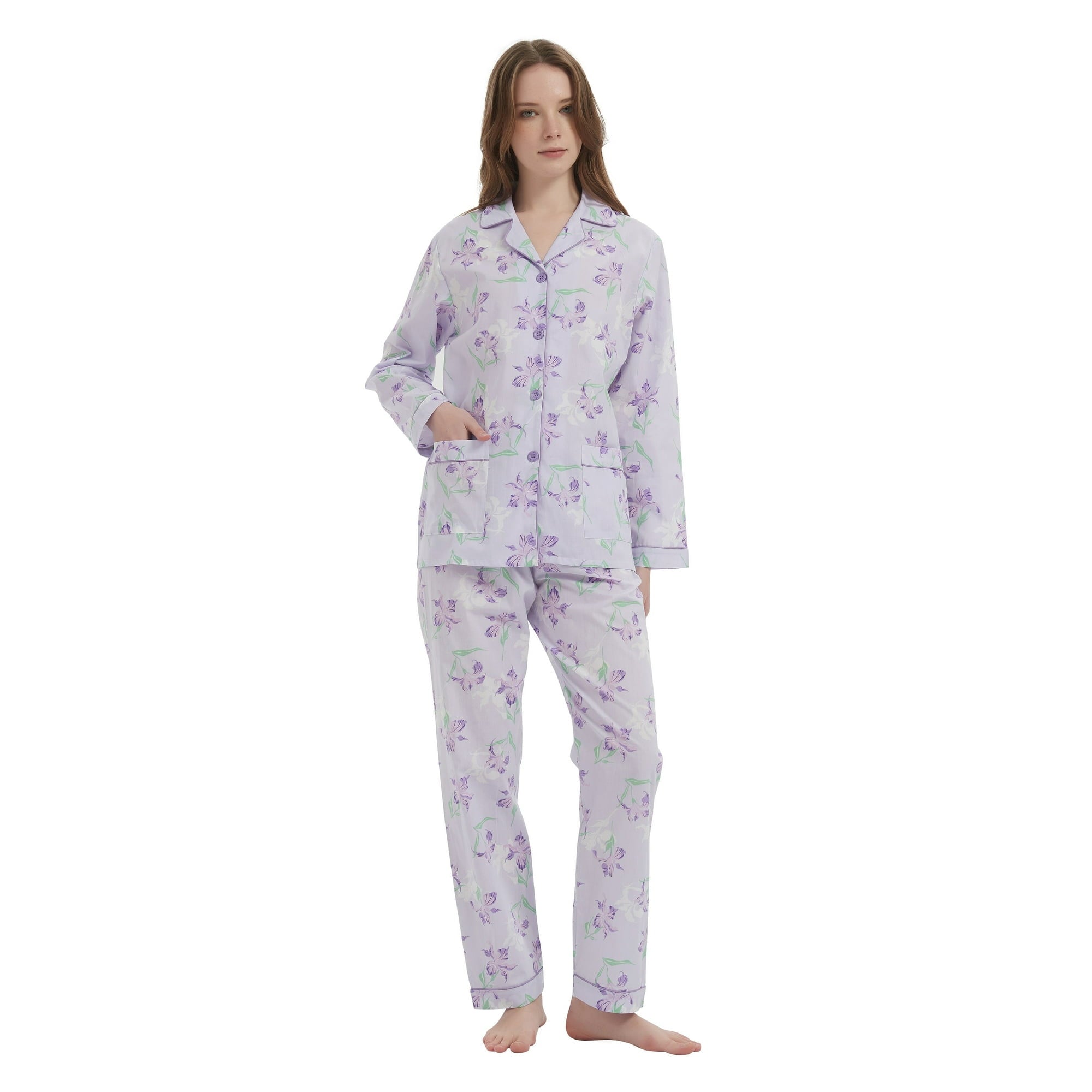 GLOBAL Womens 100% Cotton Notch Collar Pajama Set Homewear with Pockets, Spring & Summer, 2-Piece, Sizes S to 3X