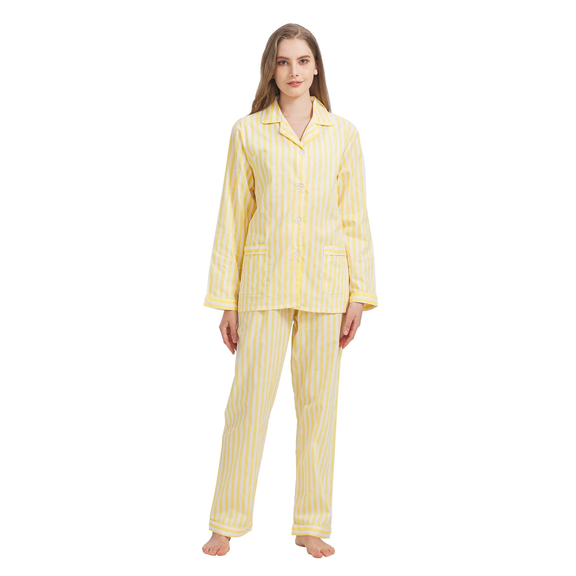 GLOBAL Womens 100% Cotton Notch Collar Pajama Set Homewear with Pockets, Spring & Summer, 2-Piece, Sizes S to 3X