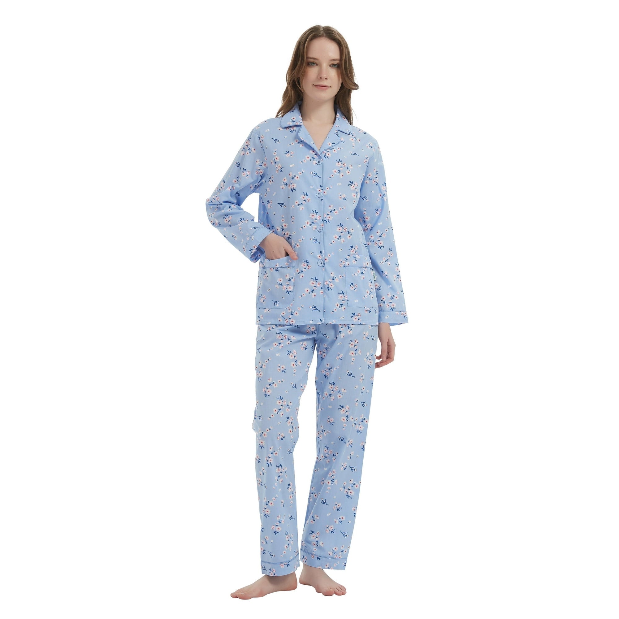 GLOBAL Womens 100% Cotton Notch Collar Pajama Set Homewear with Pockets, Spring & Summer, 2-Piece, Sizes S to 3X