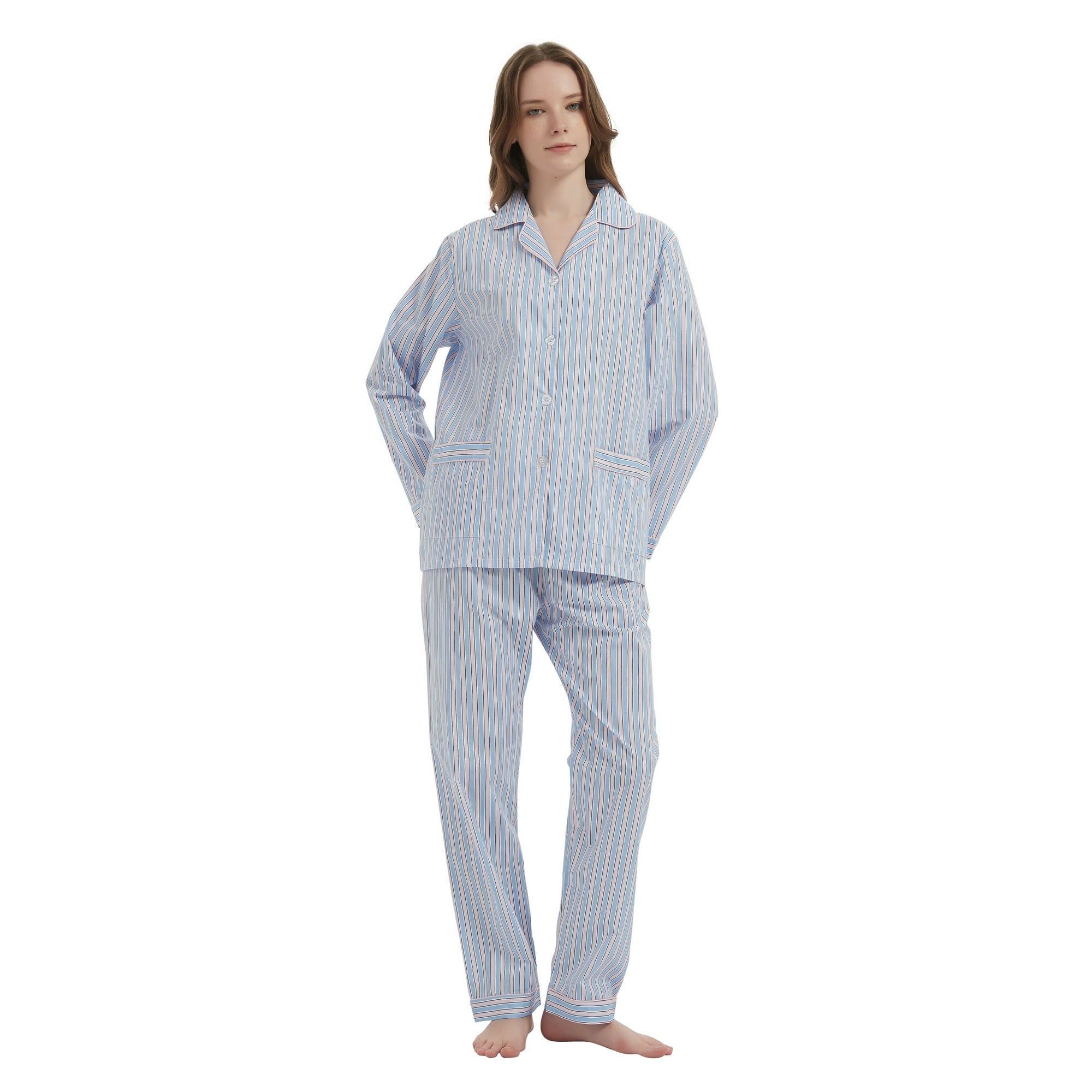 GLOBAL Womens 100% Cotton Notch Collar Pajama Set Homewear with Pockets, Spring & Summer, 2-Piece, Sizes S to 3X