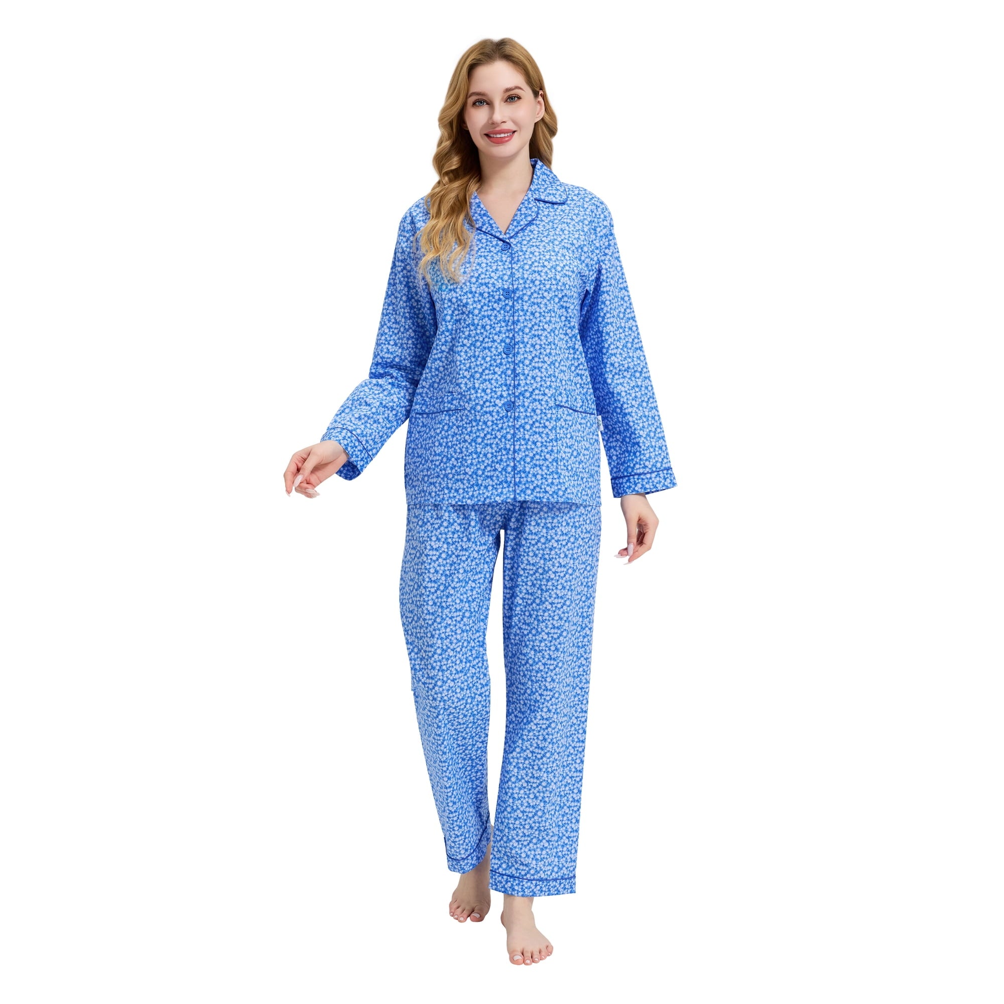 GLOBAL Womens 100% Cotton Notch Collar Pajama Set Homewear with Pockets, Spring & Summer, 2-Piece, Sizes S to 3X