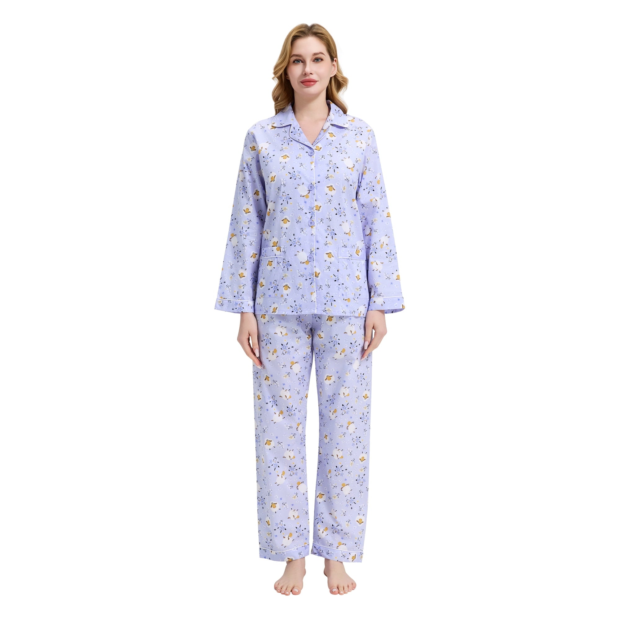 GLOBAL Womens 100% Cotton Notch Collar Pajama Set Homewear with Pockets, Spring & Summer, 2-Piece, Sizes S to 3X