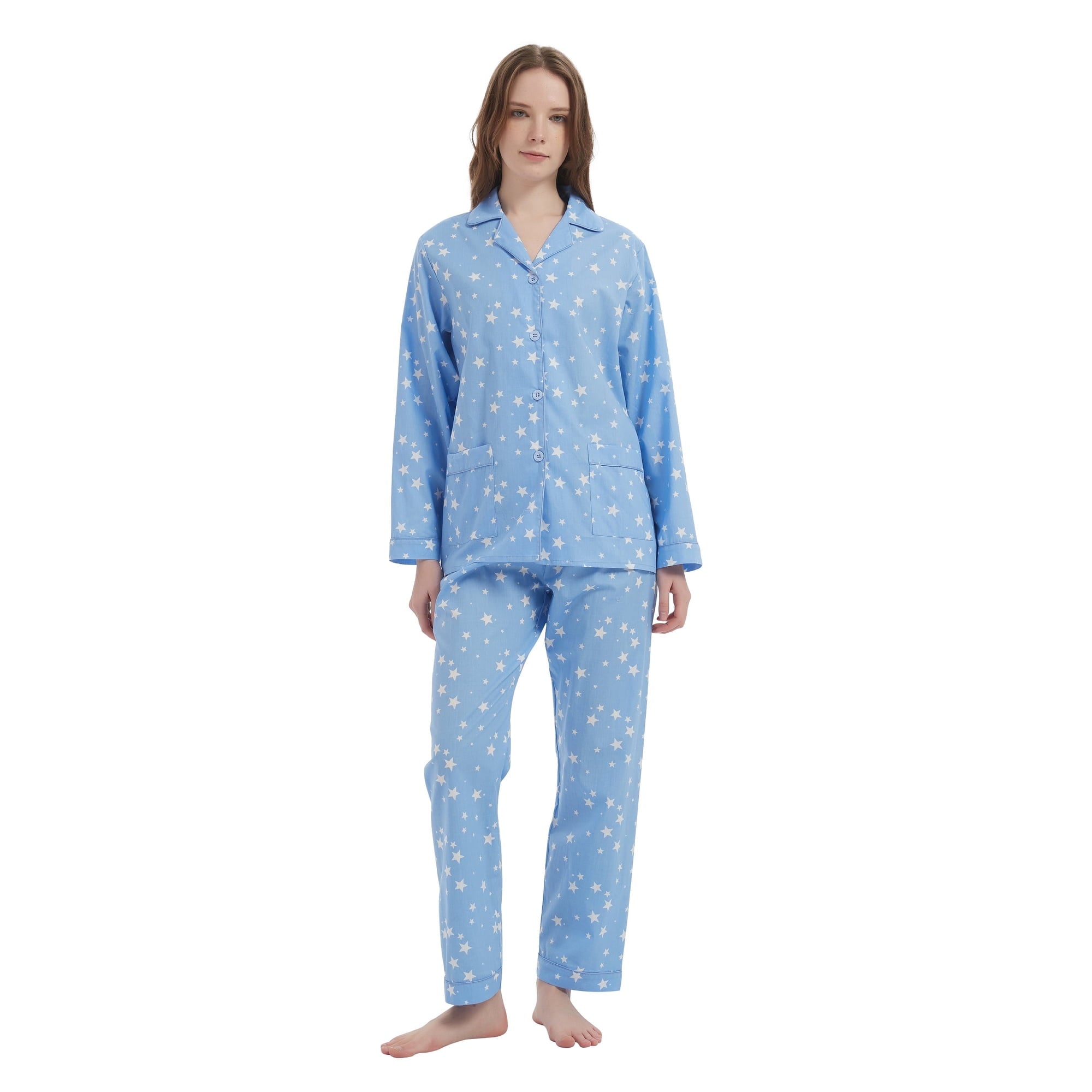 GLOBAL 100% Cotton Pajamas for Women Notch Collar Pjs Cozy Button Down Homewear with Pockets, Spring & Summer, 2-Piece, Sizes S to 3X
