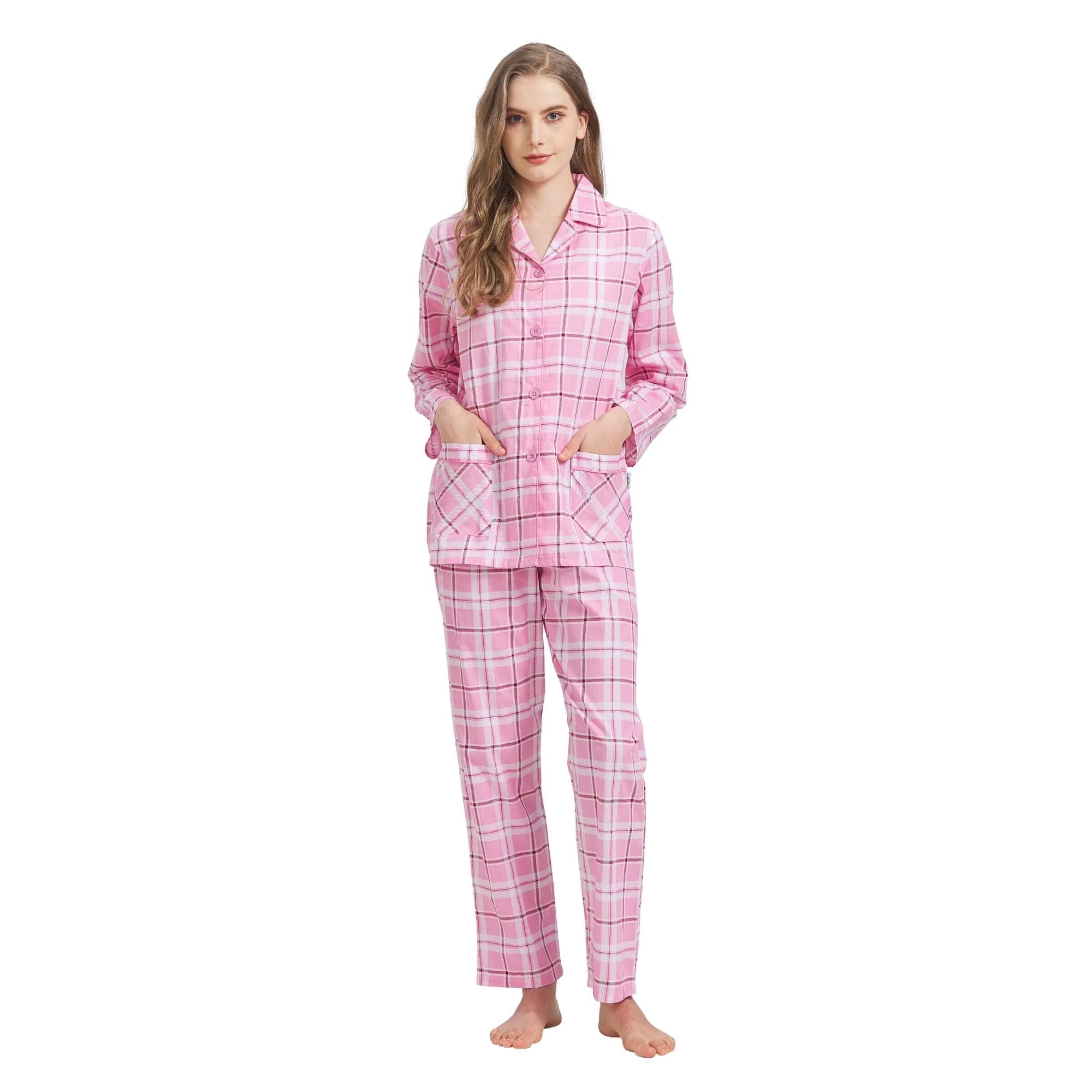 GLOBAL 100% Cotton Pajamas for Women Notch Collar Pjs Cozy Button Down Homewear with Pockets, Spring & Summer, 2-Piece, Sizes S to 3X