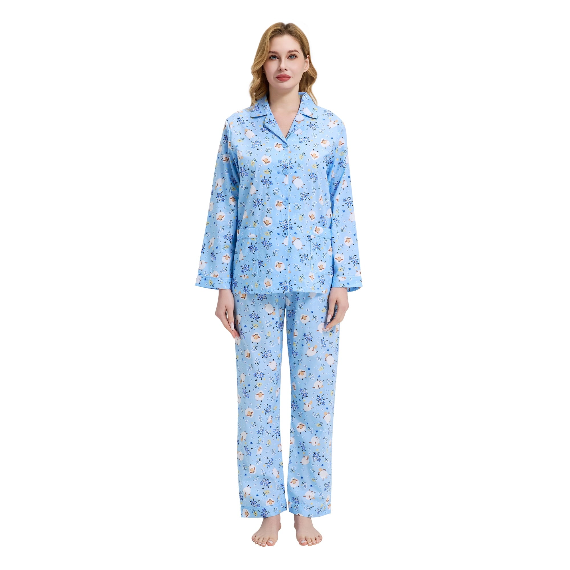 GLOBAL Womens 100% Cotton Notch Collar Pajama Set Homewear with Pockets, Spring & Summer, 2-Piece, Sizes S to 3X