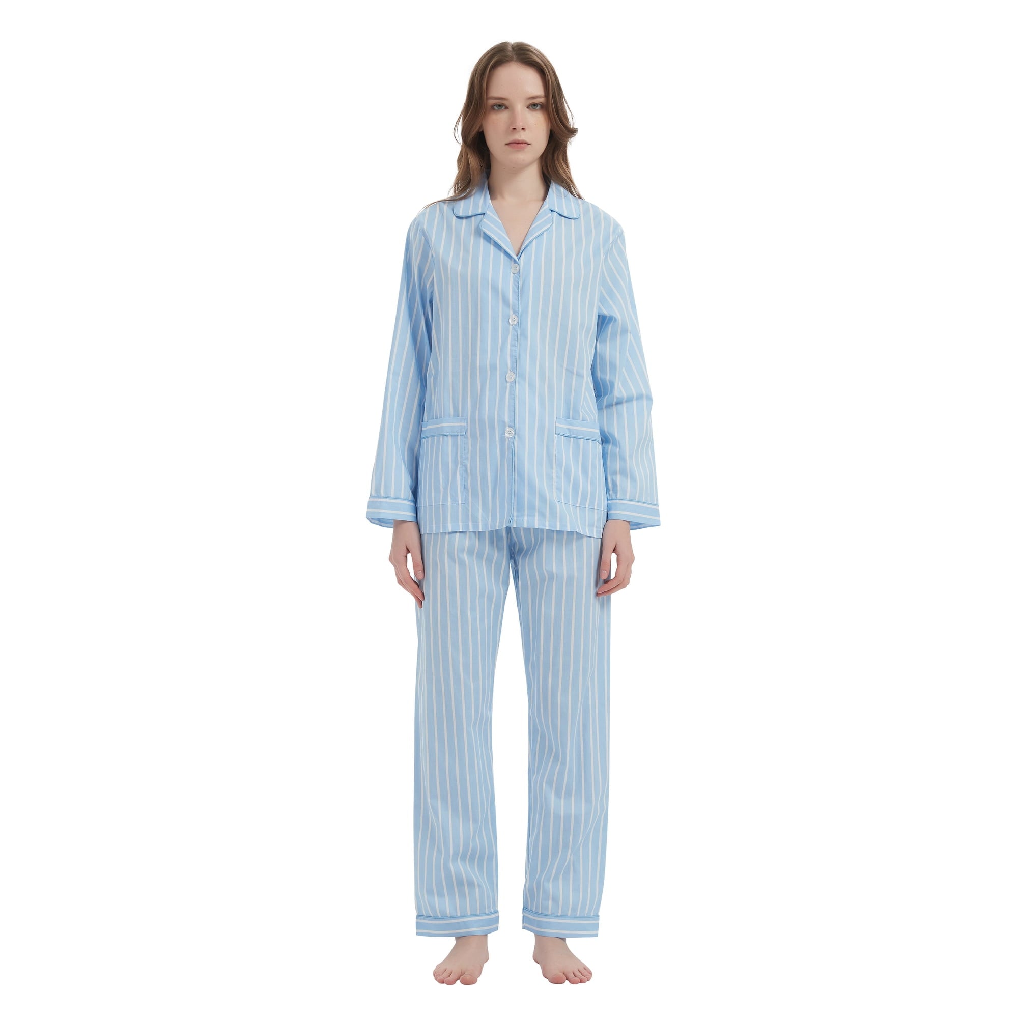 GLOBAL Womens 100% Cotton Notch Collar Pajama Set Homewear with Pockets, Spring & Summer, 2-Piece, Sizes S to 3X