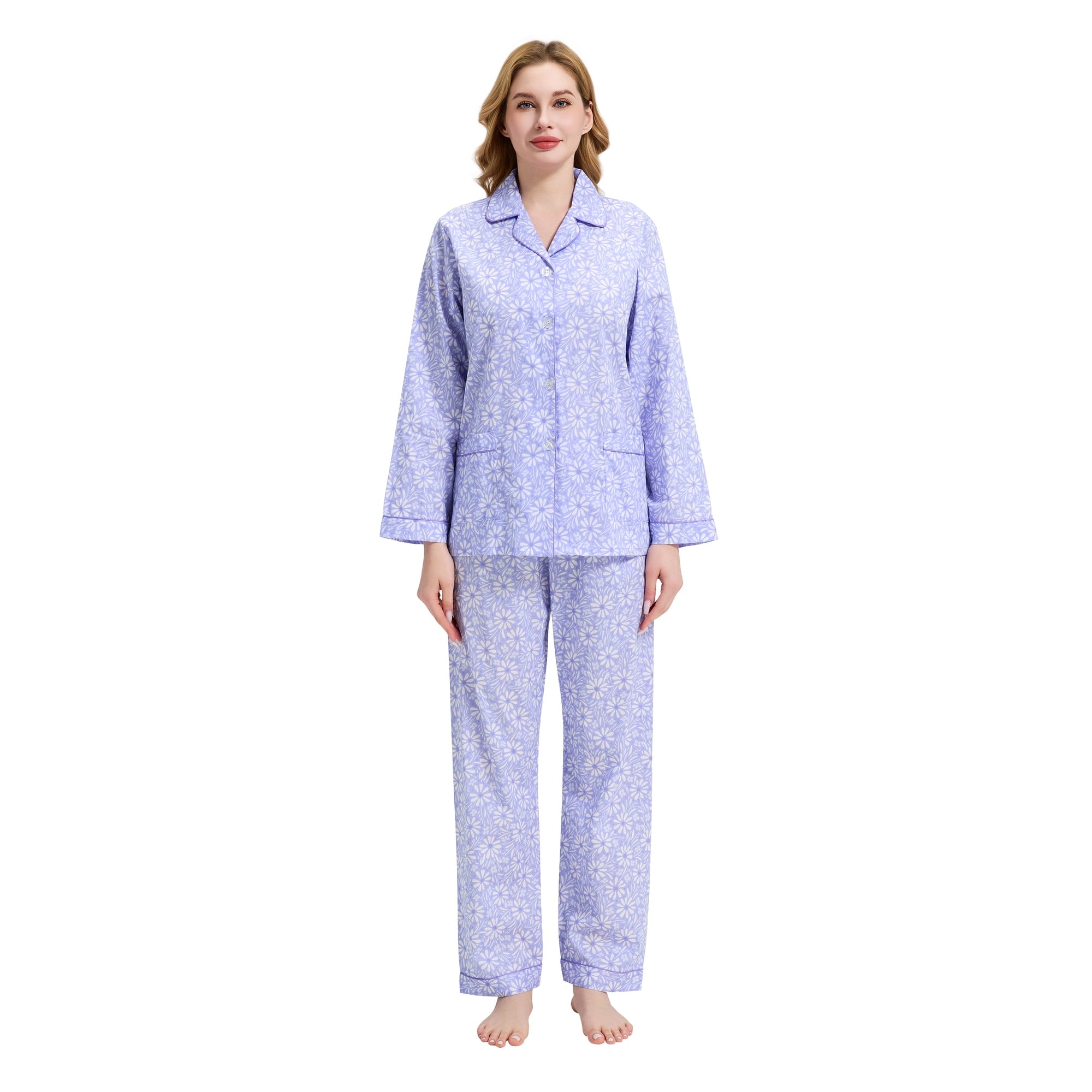 GLOBAL Womens 100% Cotton Notch Collar Pajama Set Homewear with Pockets, Spring & Summer, 2-Piece, Sizes S to 3X