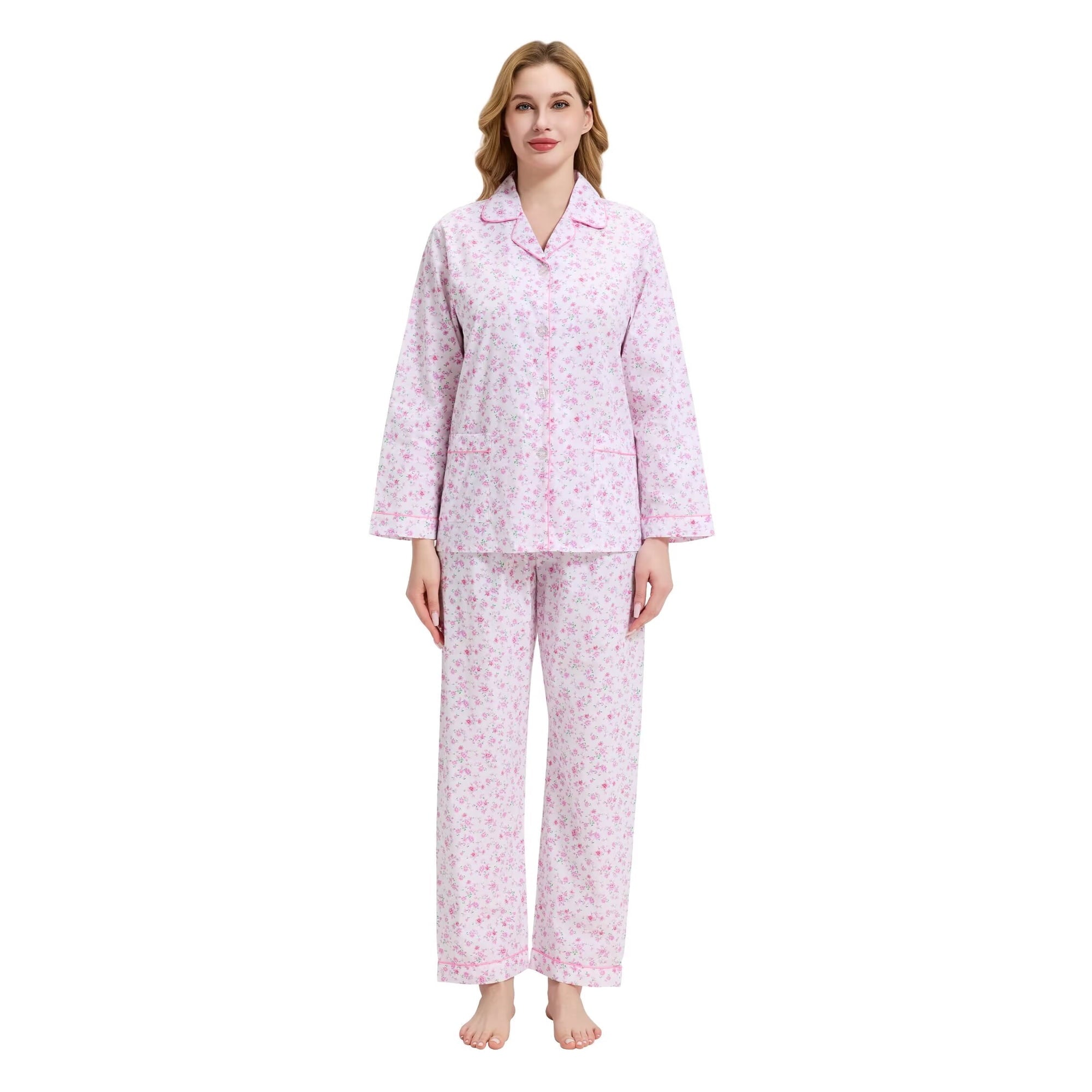 GLOBAL Womens 100% Cotton Notch Collar Pajama Set Homewear with Pockets, Spring & Summer, 2-Piece, Sizes S to 3X