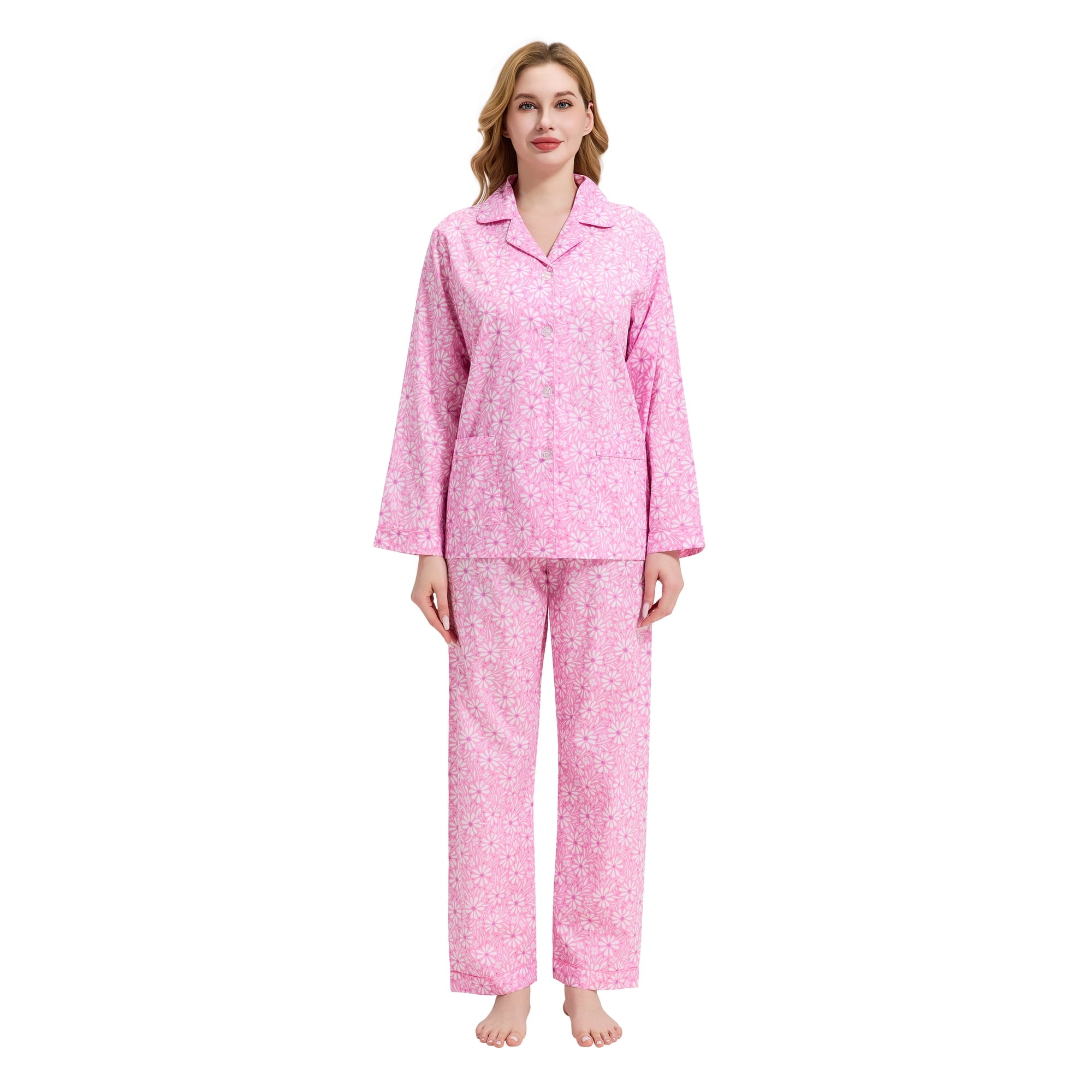 GLOBAL Womens 100% Cotton Notch Collar Pajama Set Homewear with Pockets, Spring & Summer, 2-Piece, Sizes S to 3X