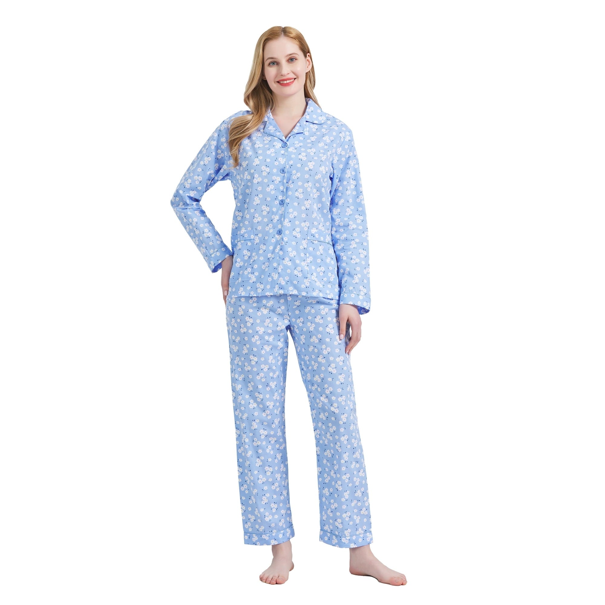 GLOBAL Womens 100% Cotton Notch Collar Pajama Set Homewear with Pockets, Spring & Summer, 2-Piece, Sizes S to 3X