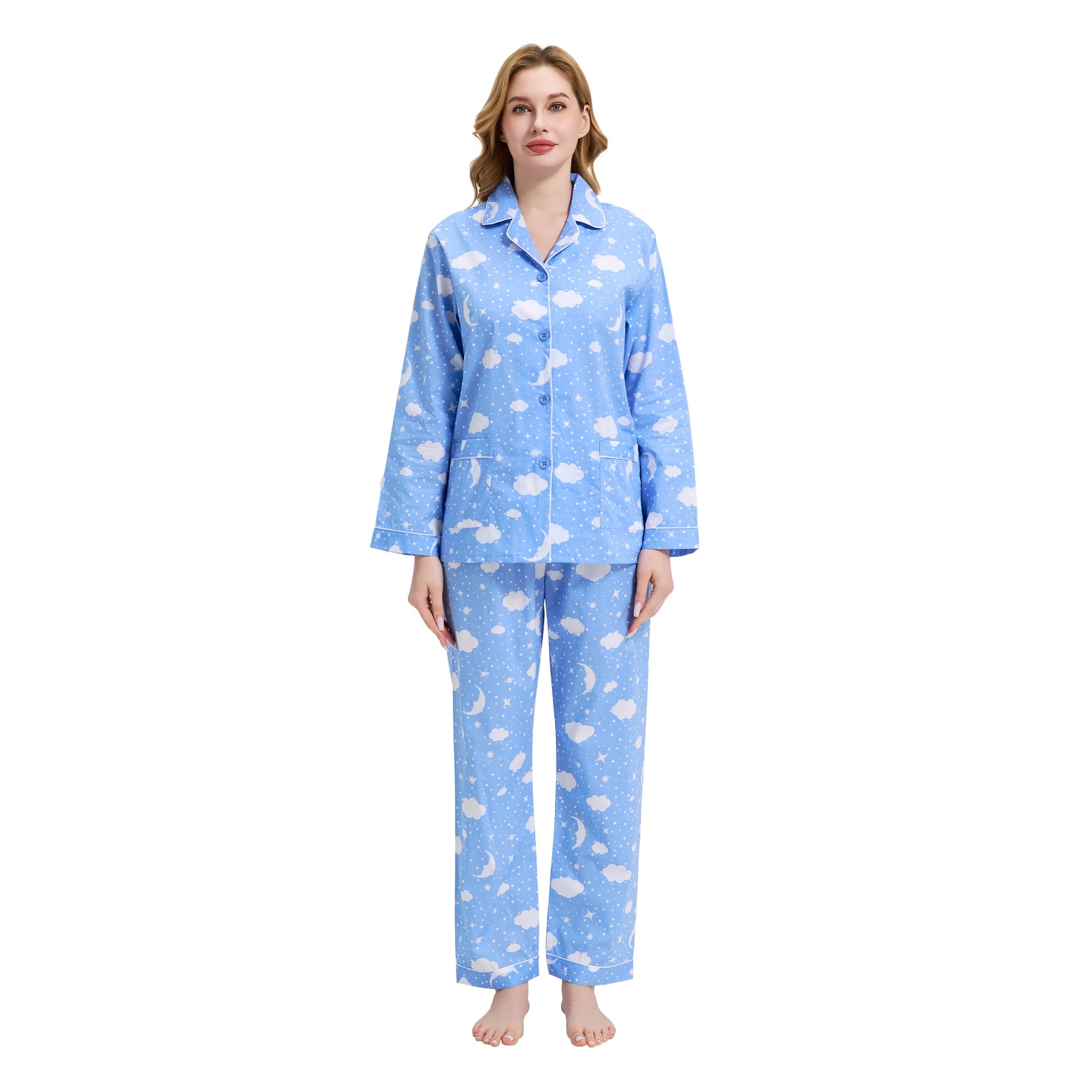 GLOBAL Womens 100% Cotton Notch Collar Pajama Set Homewear with Pockets, Spring & Summer, 2-Piece, Sizes S to 3X