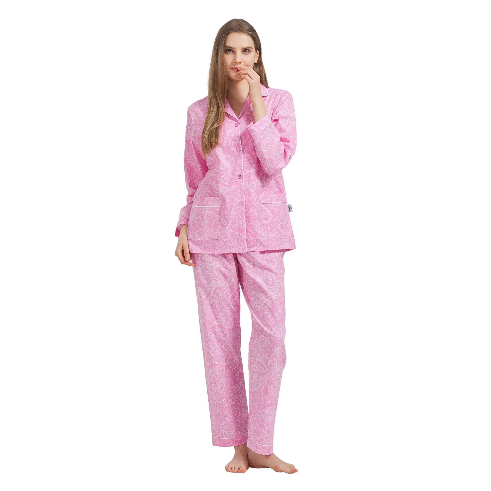 GLOBAL Womens 100% Cotton Notch Collar Pajama Set Homewear with Pockets, Spring & Summer, 2-Piece, Sizes S to 3X