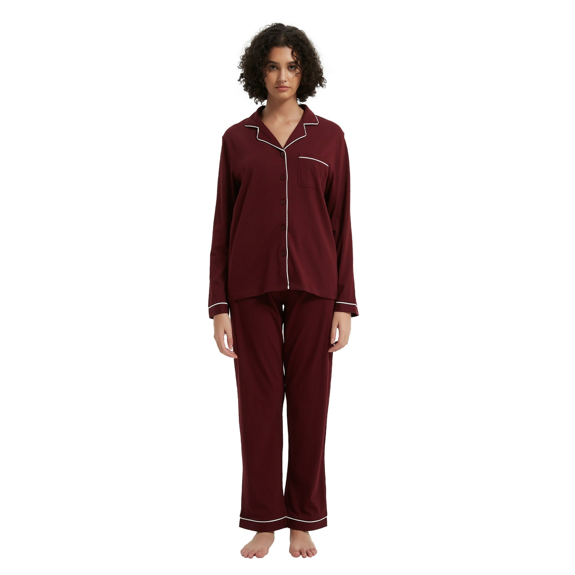 GLOBAL Womens Cotton Knit Sleepwear Matching Pajamas Set for Couple Loungewear,Sizes S to XXL