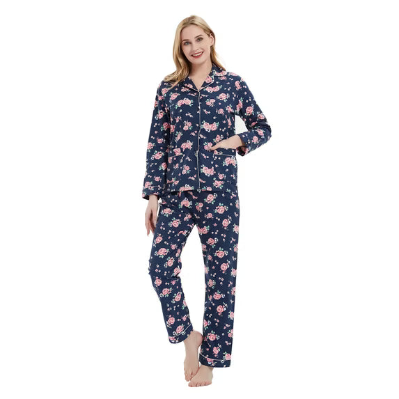 GLOBAL Womens Flannel Cotton Pajama Set Long PJs Cozy Winter Flannel Loungewear Sleepwear
