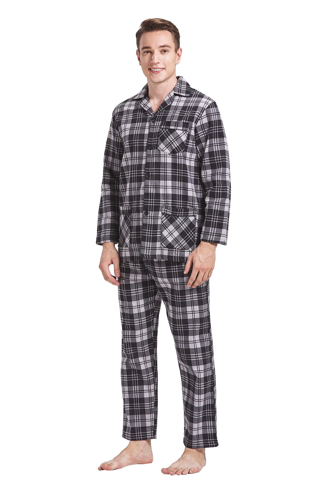 GLOBAL Mens Pajamas Sets Cotton Flannel Sleepwear Long-Sleeve Top & Bottom, S-XXL