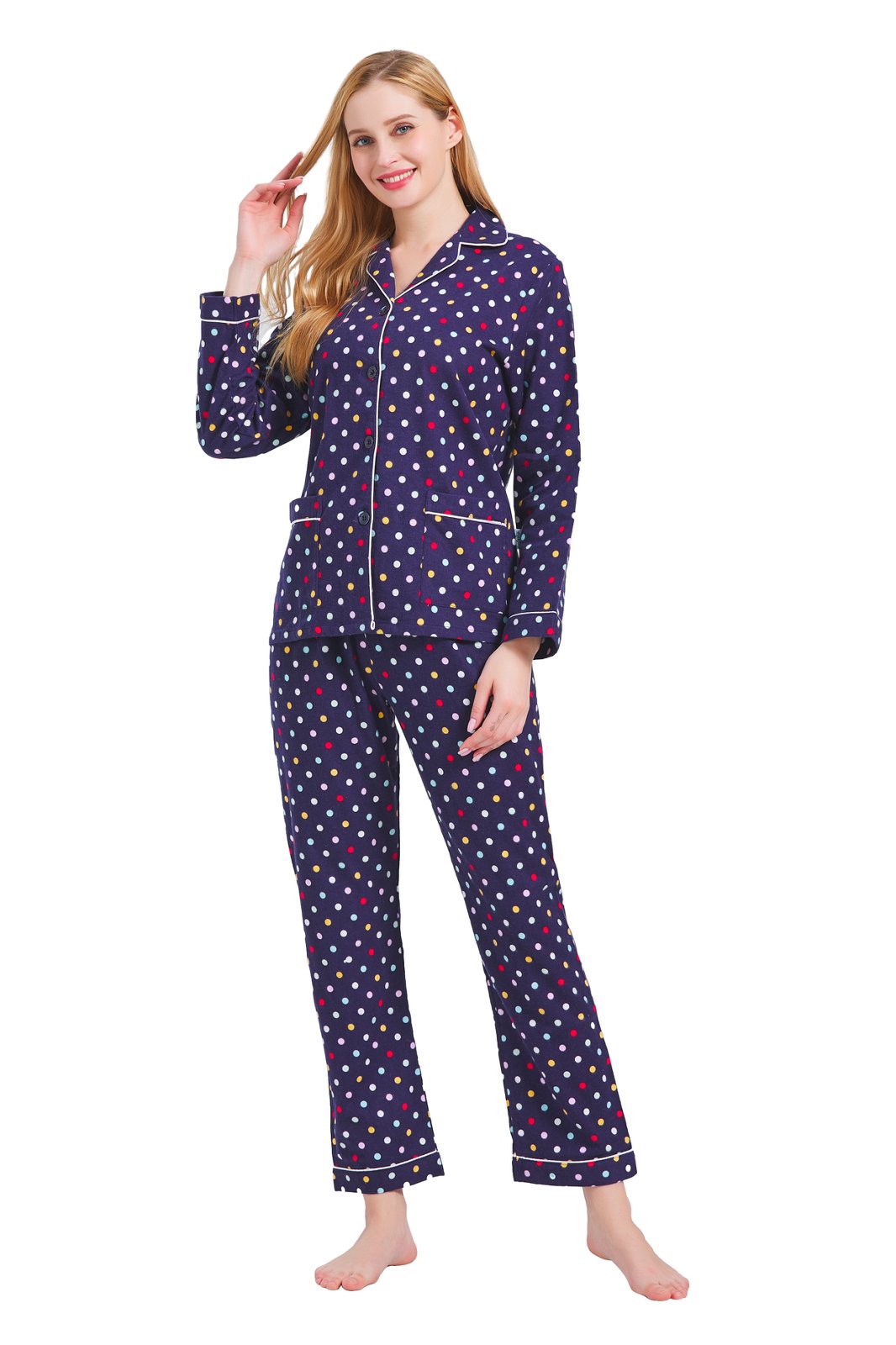 GLOBAL Womens Cotton Flannel Pajama Set - Cozy Winter 2-Piece Loungewear with Button-Down Top & Pants