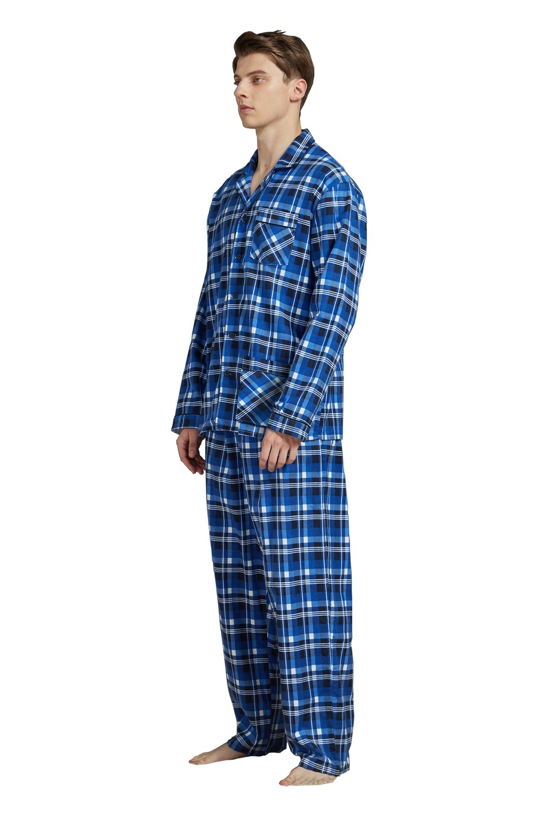 Amaxer Mens Cotton Flannel Pajama Set, Long Sleeve Button‑Down Top & Elastic Waist Long Pants, Breathable Sleep Loungewear, Size XL