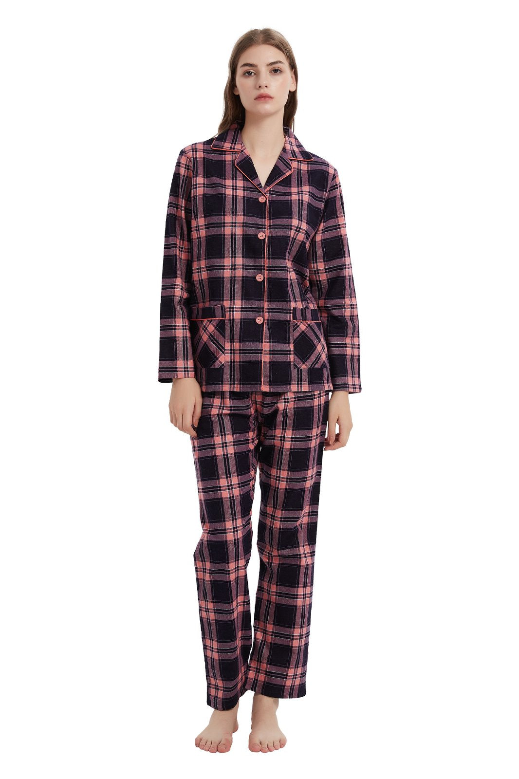 GLOBAL Womens Flannel Cotton Pajama Set Long PJs Flannel Loungewear Sleepwear