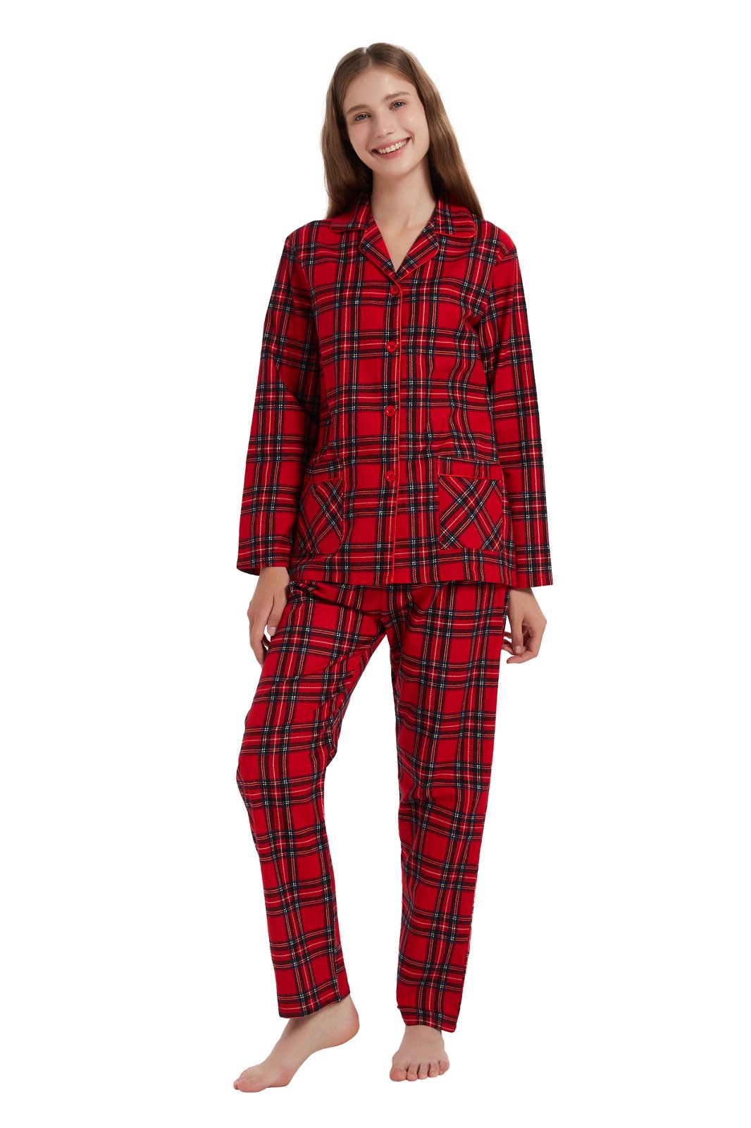 Amaxer Womens 100% Cotton Cozy Flannel Pajama Set - Long Sleeve Button-Up Top with Elastic Waist Pants, Warm & Soft Sleepwear