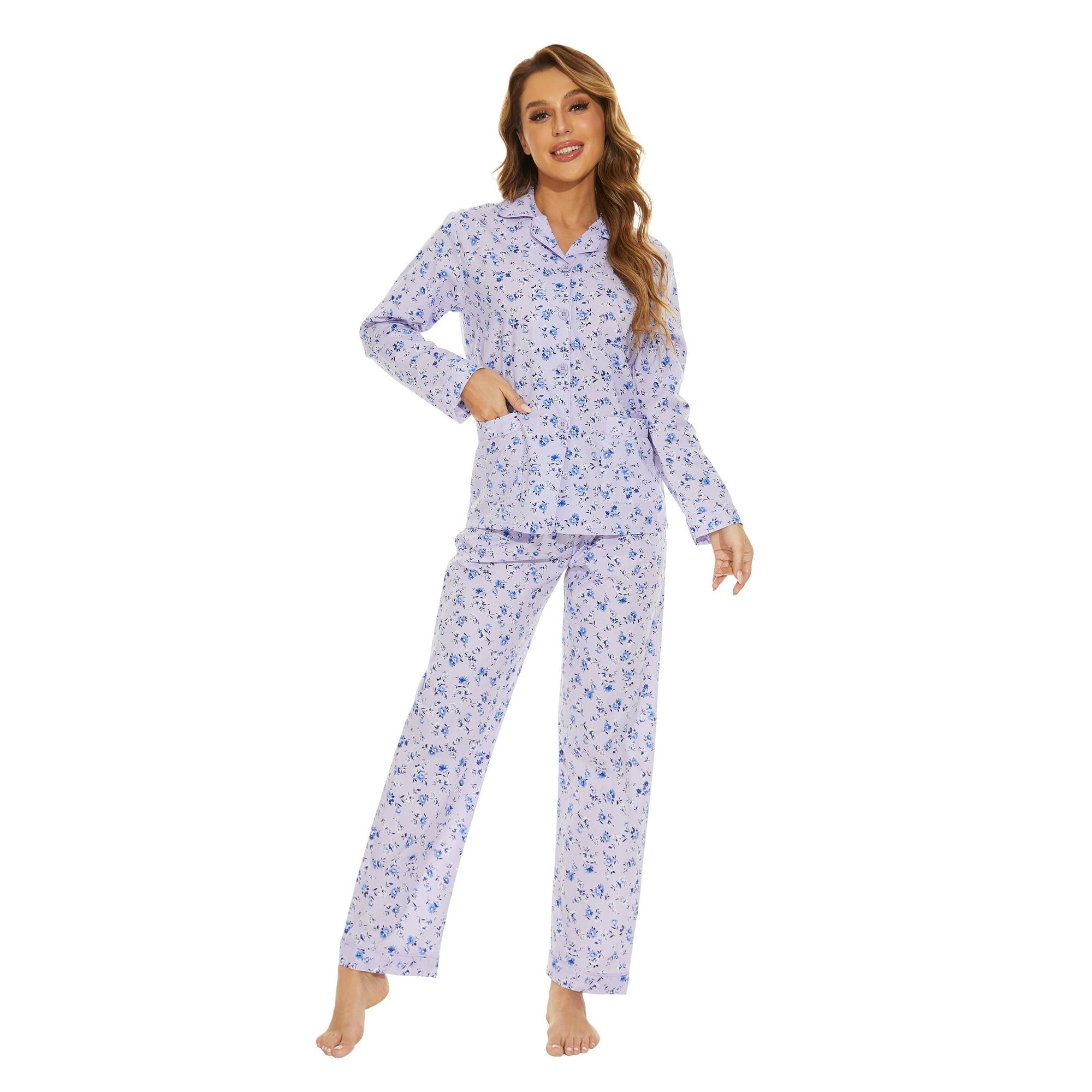 GLOBAL 100% Cotton Pajamas for Women Notch Collar Pjs Cozy Button Down Homewear with Pockets, Spring & Summer, 2-Piece, Sizes S to 3X