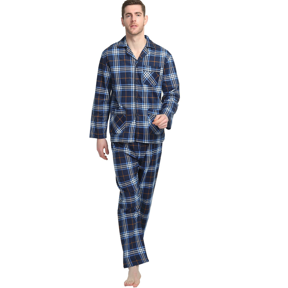 GLOBAL Men's Long Sleeve Flannel Pajamas Sets 100% Cotton Sleepwear Top and Bottom