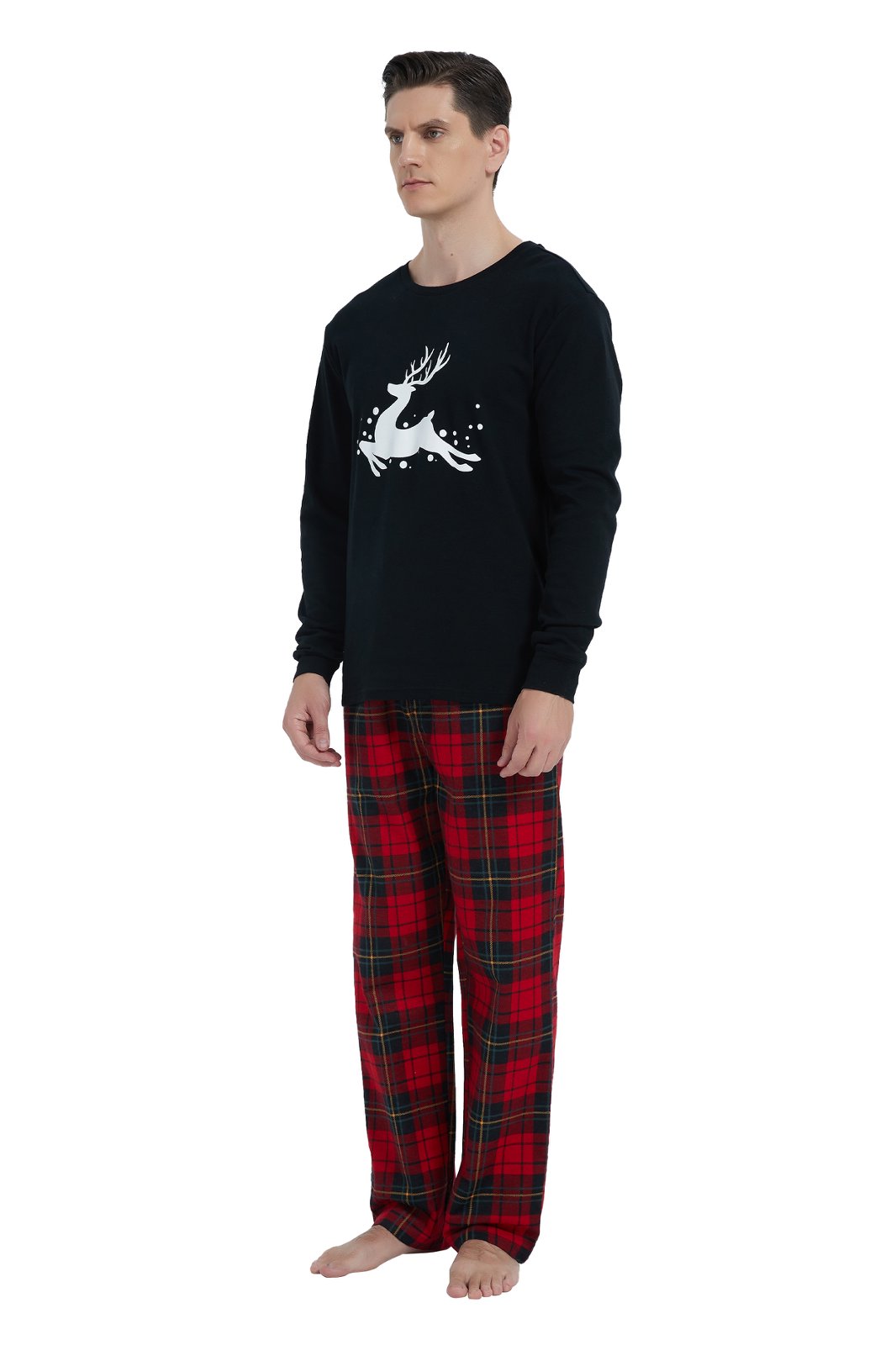 GLOBAL Men's Cotton Knit Top Flannel Pants Sleepwear Matching Pajamas for Couple Pjs for Family, Size S-3XL
