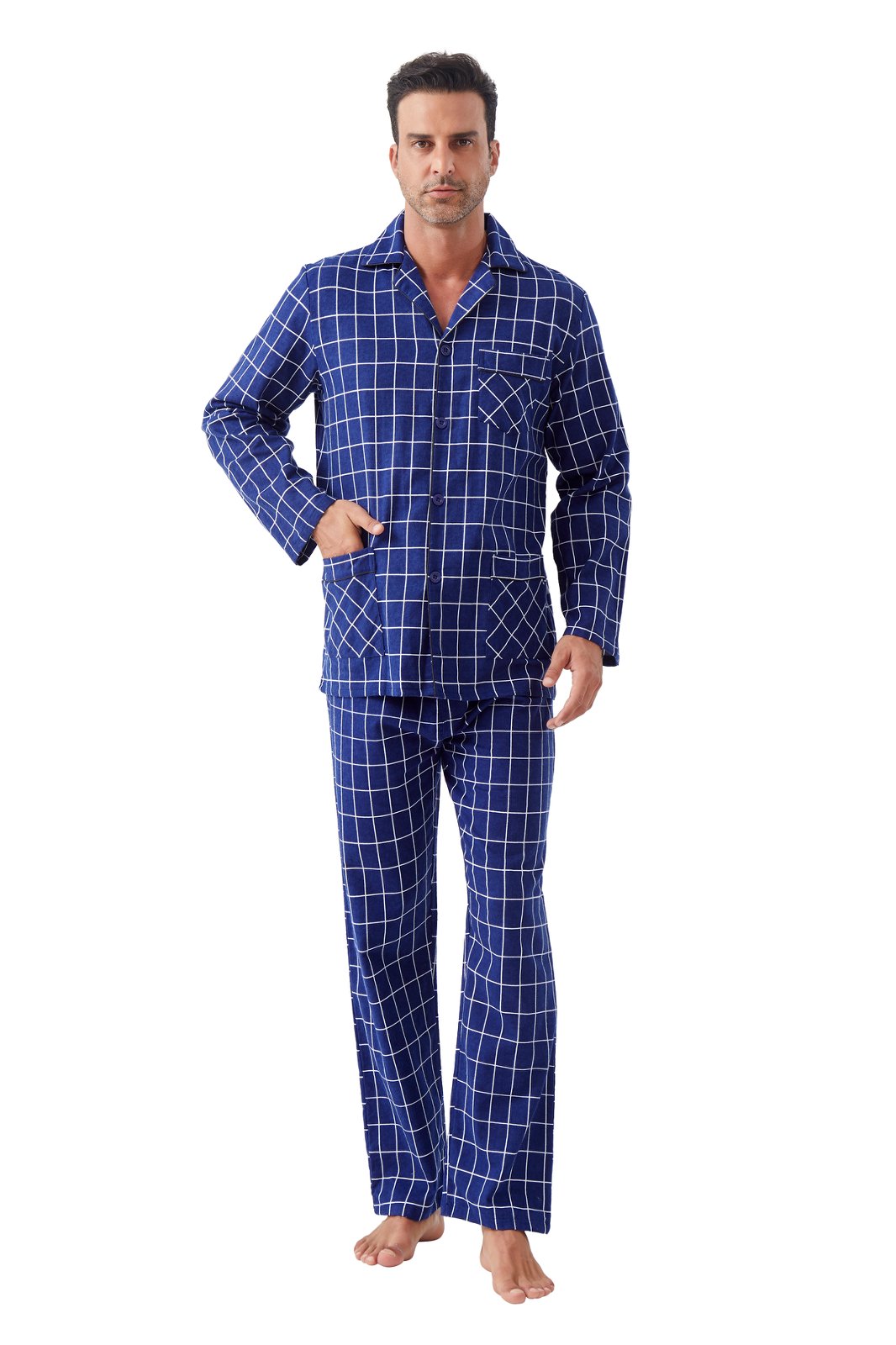 GLOBAL Men's Cotton Flannel Pajama Set, Long Sleeve Button‑Down Top & Long Pants Sleepwear, Soft Warm Loungewear, S-3XL