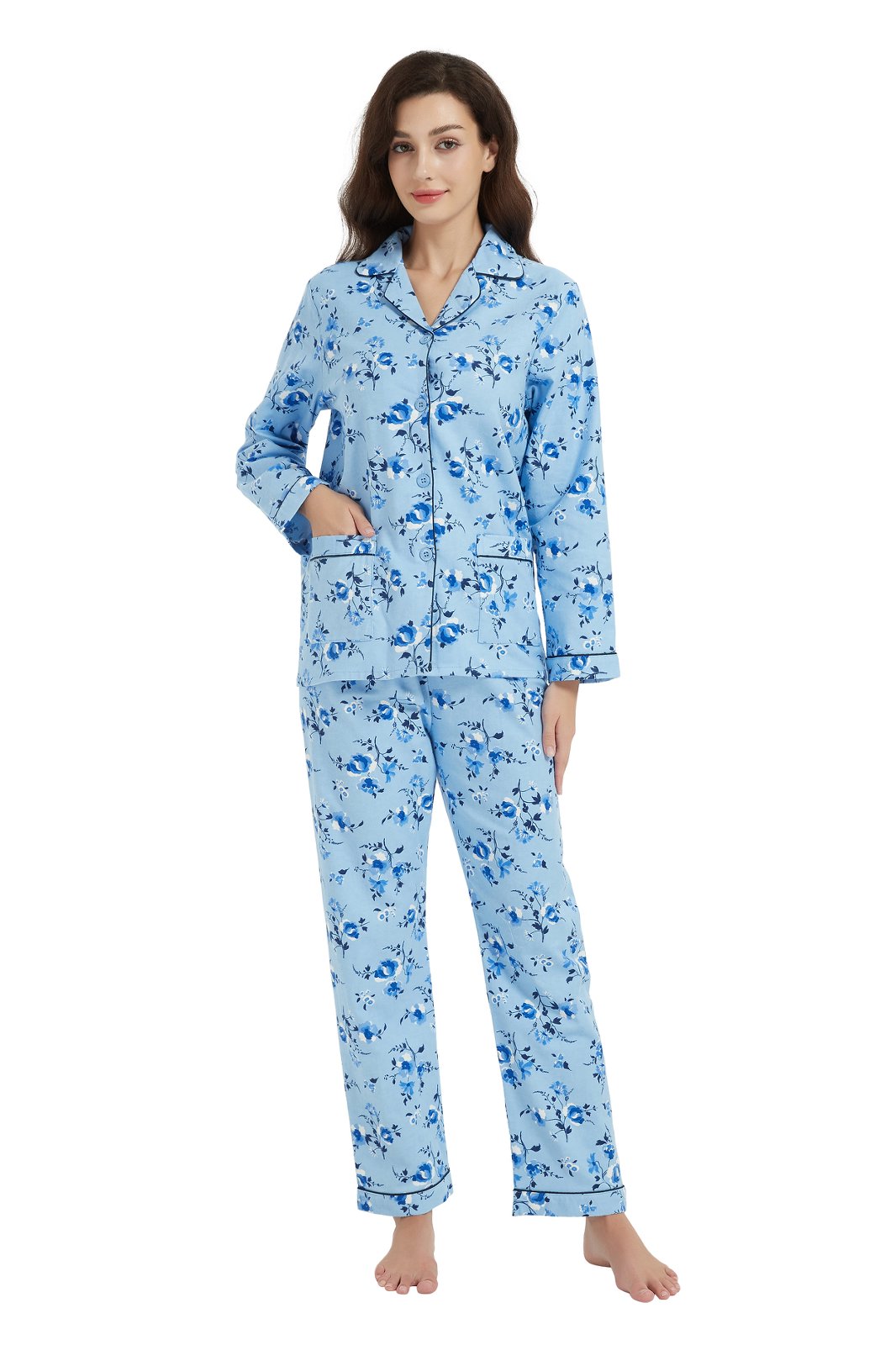 GLOBAL Womens Flannel Cotton Pajama Set Long PJs Flannel Loungewear Sleepwear