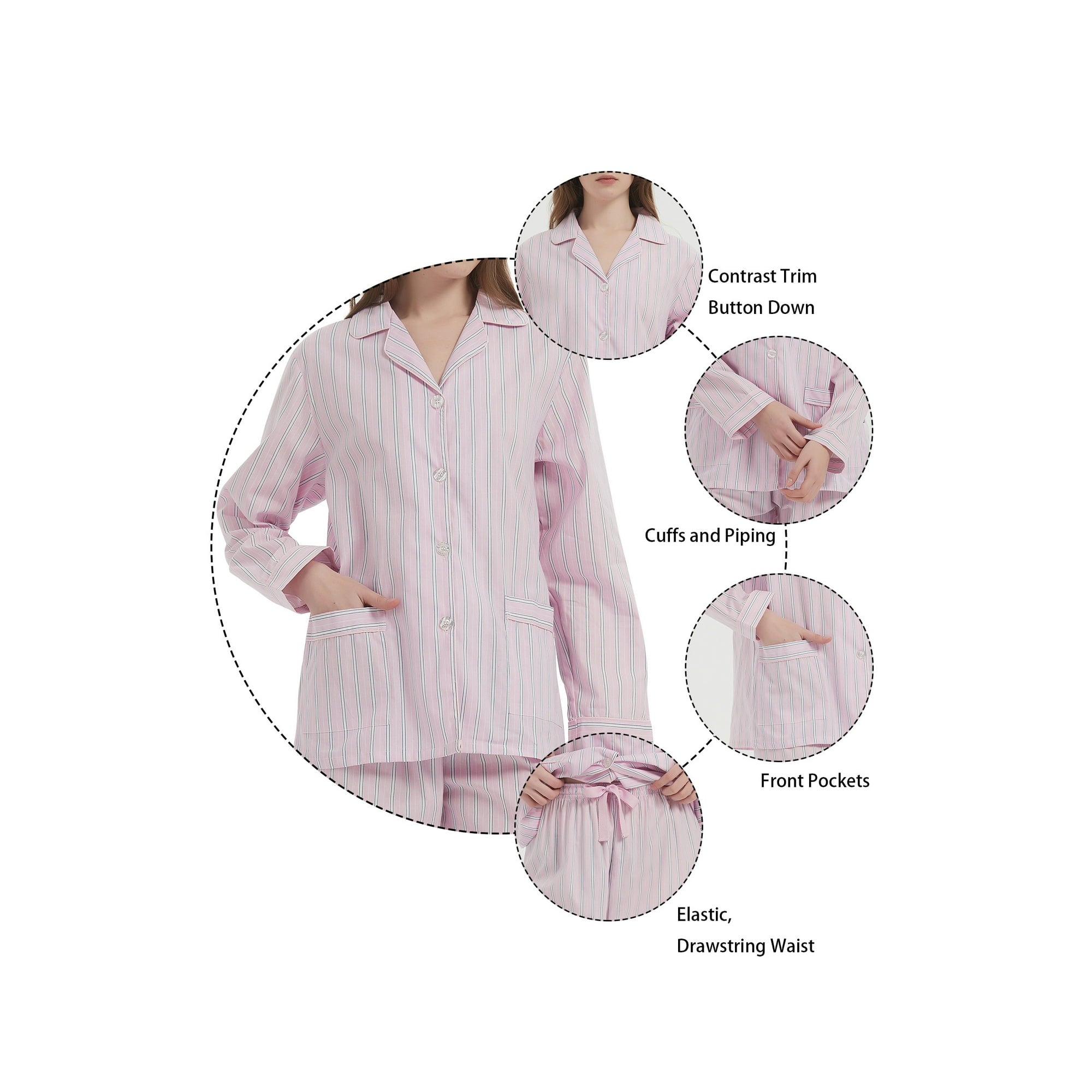 GLOBAL 100% Cotton Pajamas for Women Notch Collar Pjs Cozy Button Down Homewear with Pockets, Spring & Summer, 2-Piece, Sizes S to 3X