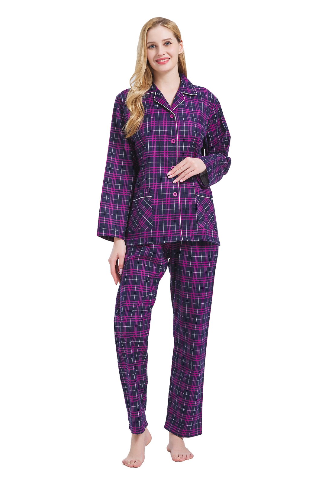 GLOBAL Womens Cotton Flannel Pajama Set - Cozy Winter 2-Piece Loungewear with Button-Down Top & Pants, Size S-3XL