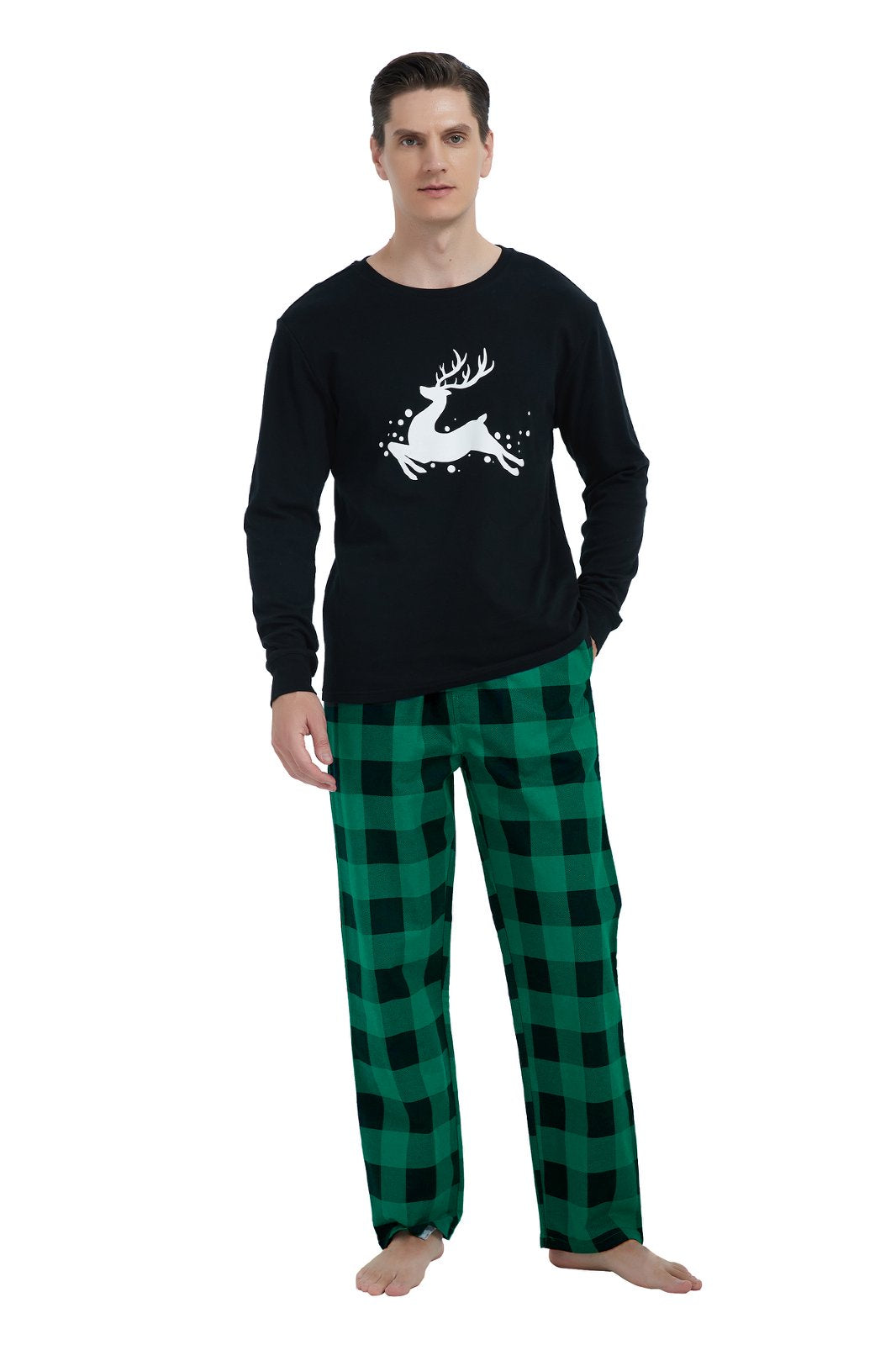GLOBAL Men's Cotton Knit Top Flannel Pants Sleepwear Matching Pajamas for Couple Pjs for Family, Size S-3XL