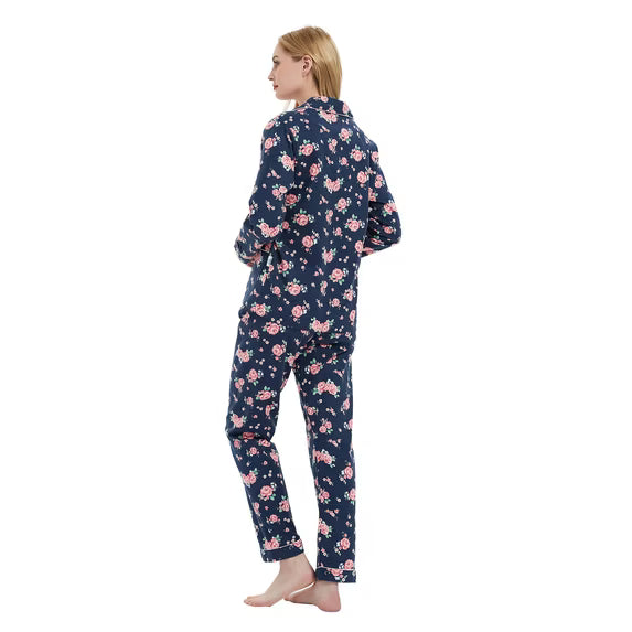 GLOBAL Womens Flannel Cotton Pajama Set Long PJs Cozy Winter Flannel Loungewear Sleepwear
