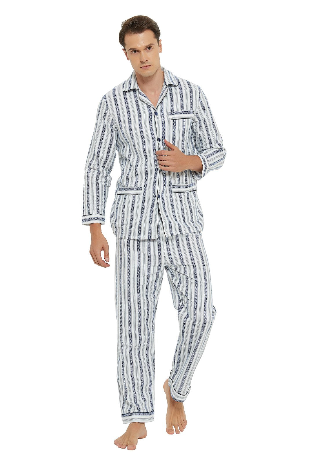 GLOBAL Men's Cotton Flannel Pajama Set, Long Sleeve Button‑Down Top & Long Pants Sleepwear, Soft Warm Loungewear, S-3XL